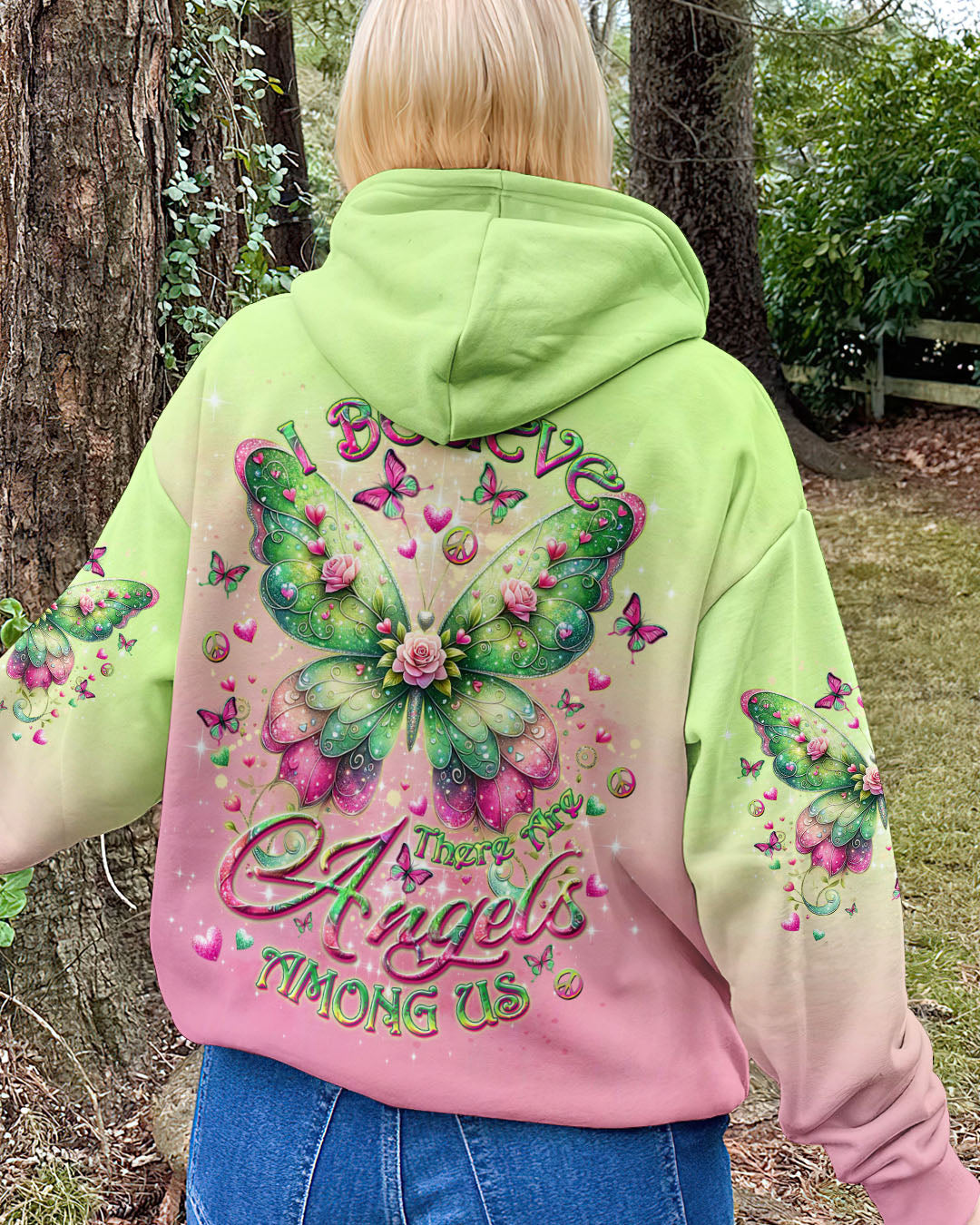 I Believe There Are Angels Among Us Pink and Green Butterfly Colorful AOP Shirts _7_ a9OLP