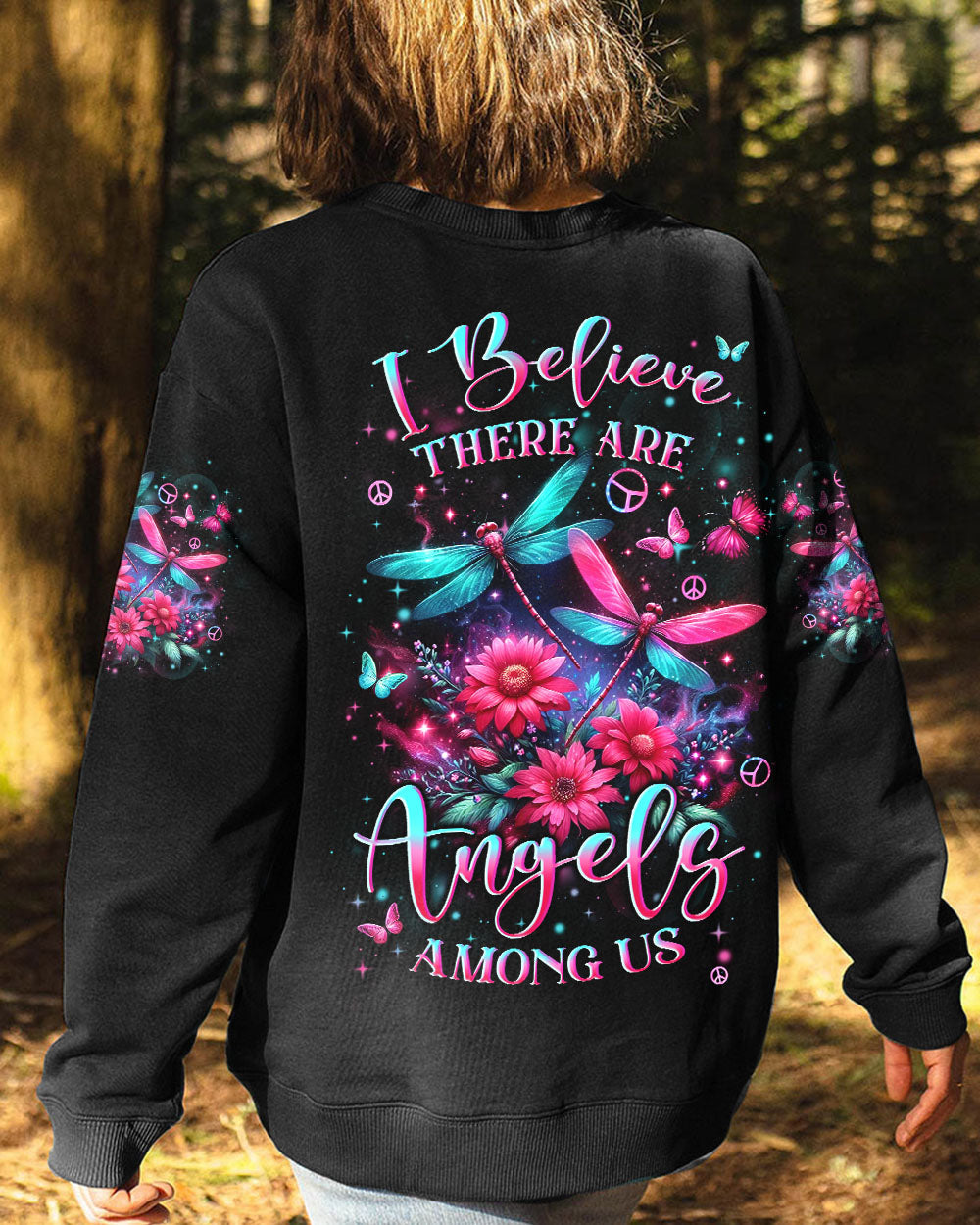 I Believe There Are Angels Among Us Pink and Teal Dragonfly AOP Shirts _9_ Avahx