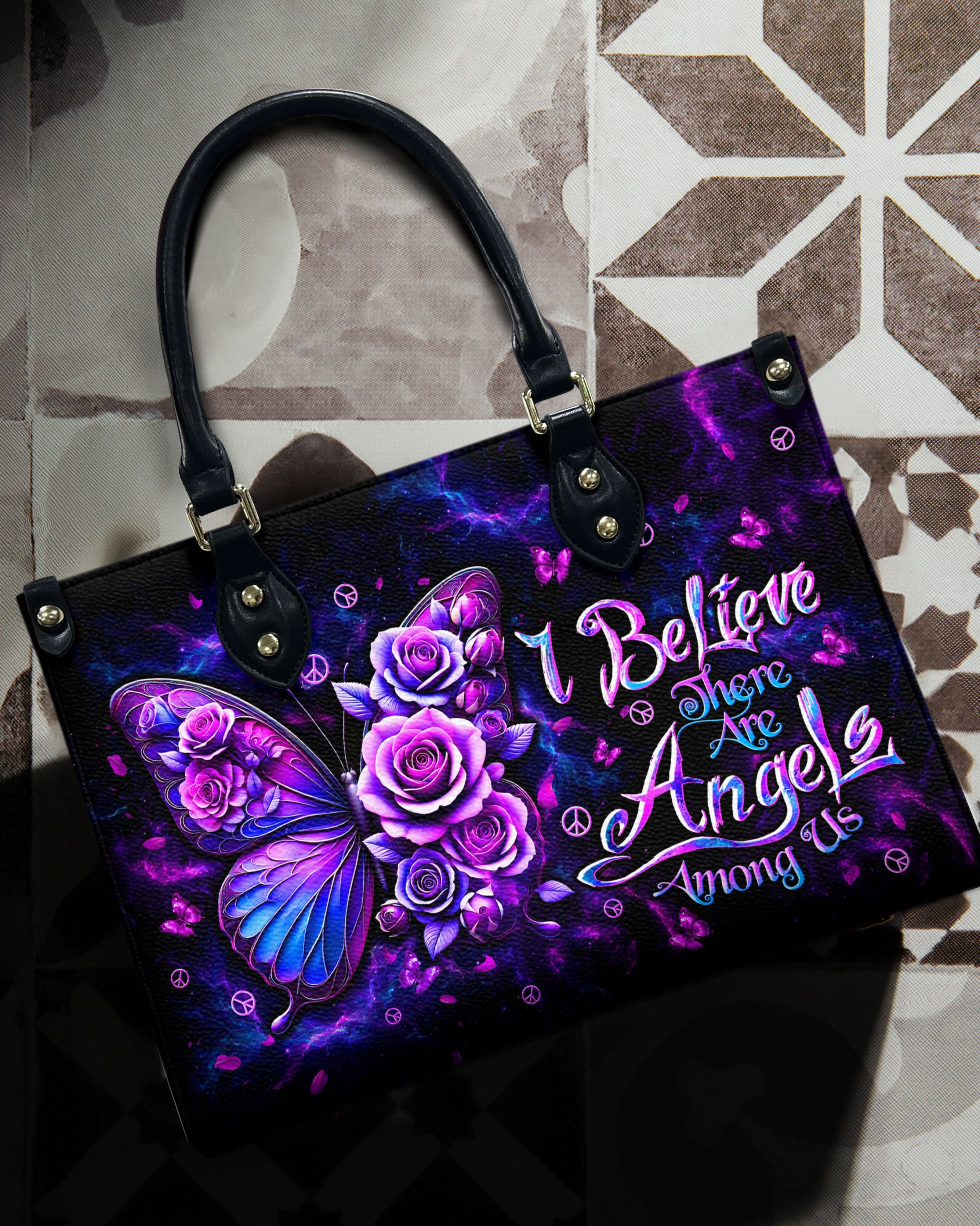 I Believe There Are Angels Among Us Purple Butterfly and Rose Hippie Leather Bag _3_ ruyvM