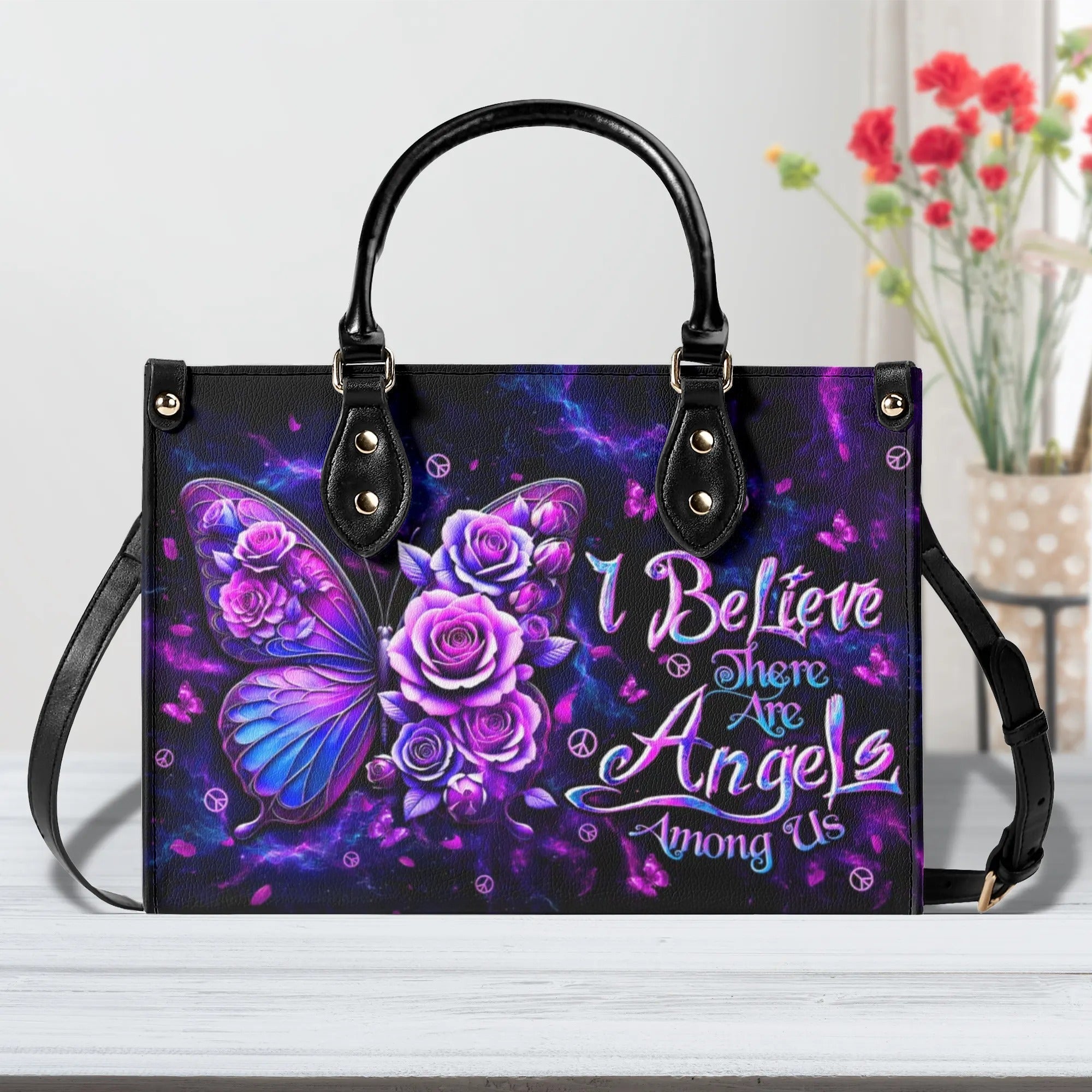 I Believe There Are Angels Among Us Purple Butterfly and Rose Hippie Leather Bag _6_ zfyqG