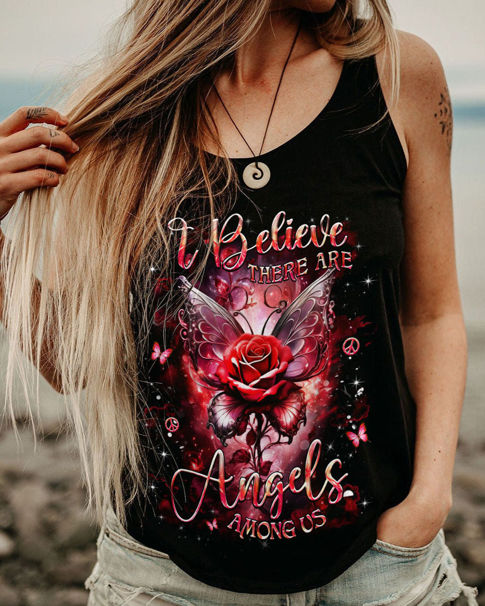 I Believe There Are Angels Among Us Red Rose and Butterfly Wings Graphic AOP Shirts _11_ GSbuE