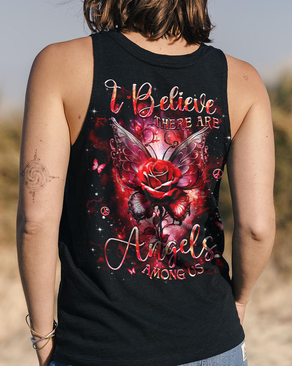 I Believe There Are Angels Among Us Red Rose and Butterfly Wings Graphic AOP Shirts _13_ x3qCx