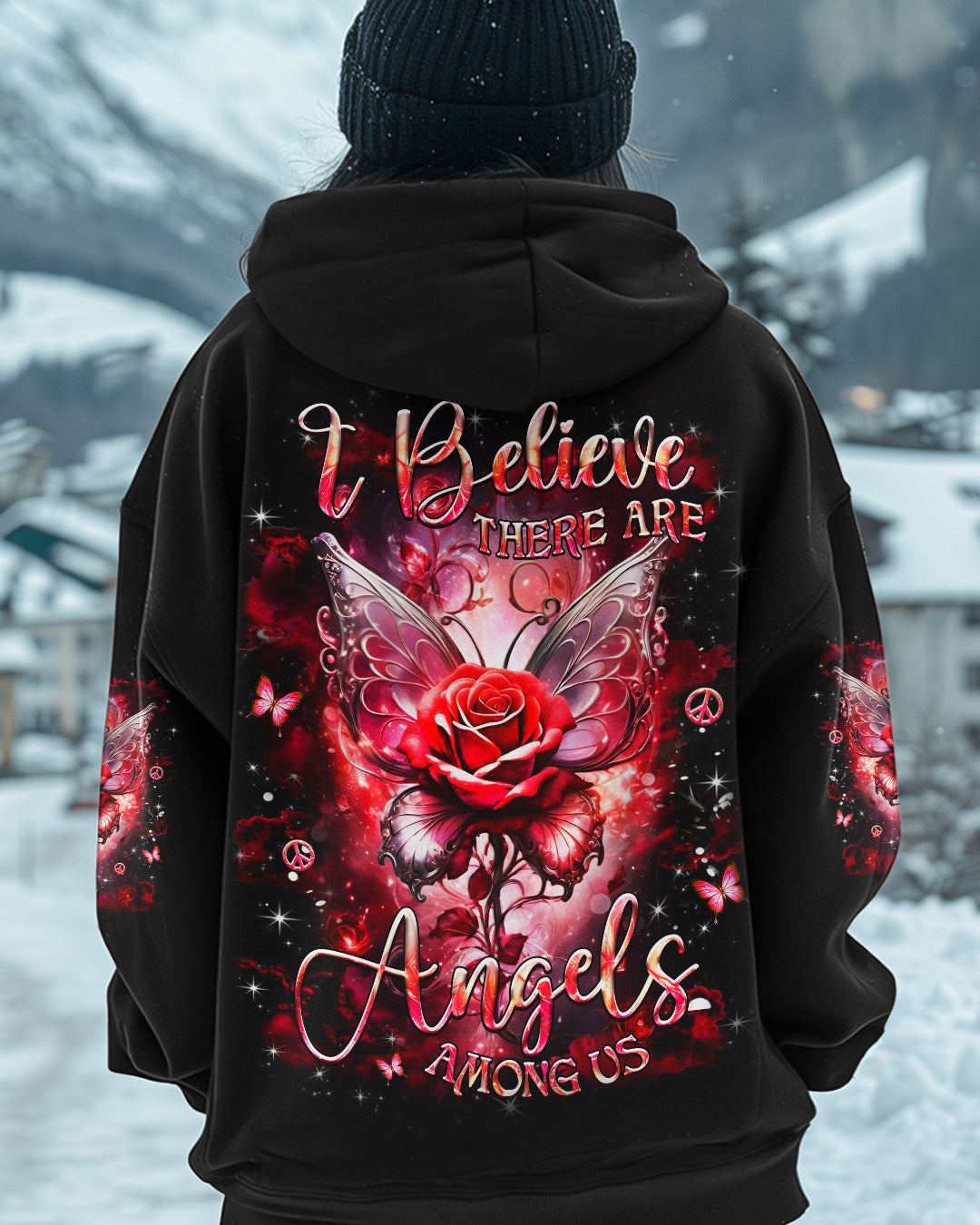 I Believe There Are Angels Among Us Red Rose and Butterfly Wings Graphic AOP Shirts _1_ 7nCaM