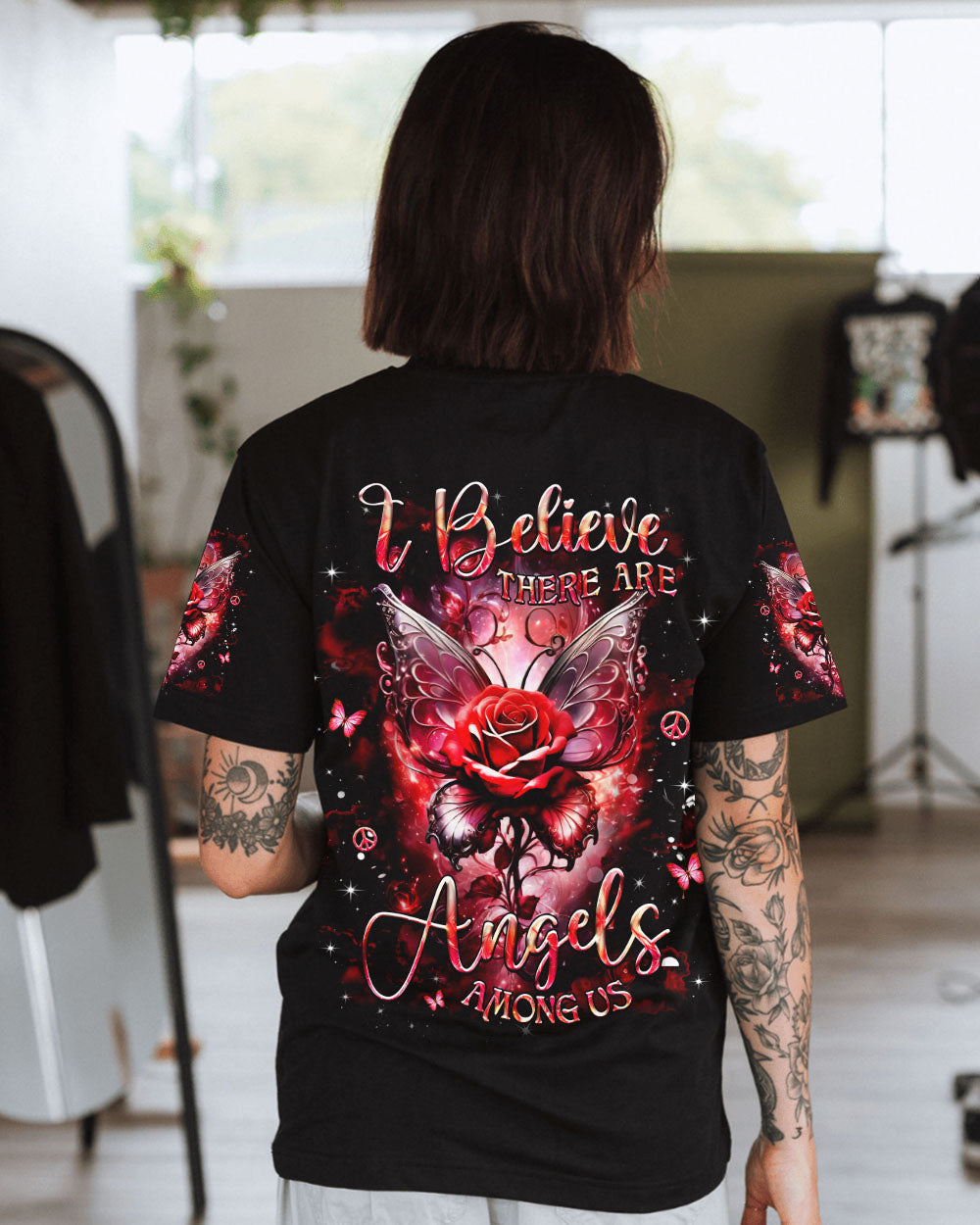 I Believe There Are Angels Among Us Red Rose and Butterfly Wings Graphic AOP Shirts _3_ 9t0dq