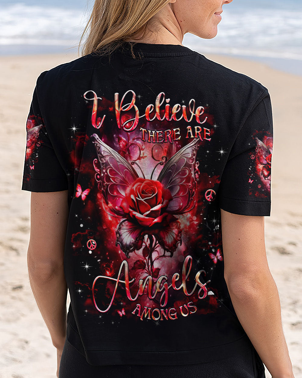 I Believe There Are Angels Among Us Red Rose and Butterfly Wings Graphic AOP Shirts _5_ GENQq