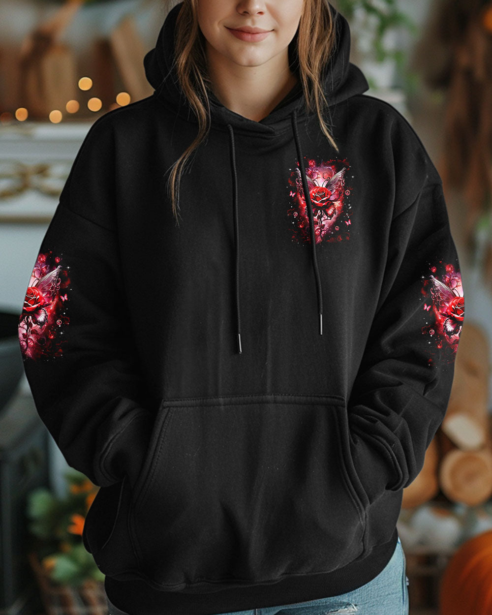 I Believe There Are Angels Among Us Red Rose and Butterfly Wings Graphic AOP Shirts _6_ P2Oc0