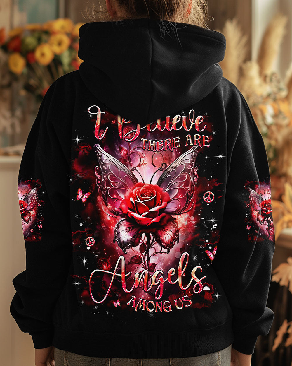 I Believe There Are Angels Among Us Red Rose and Butterfly Wings Graphic AOP Shirts _7_ As9mf