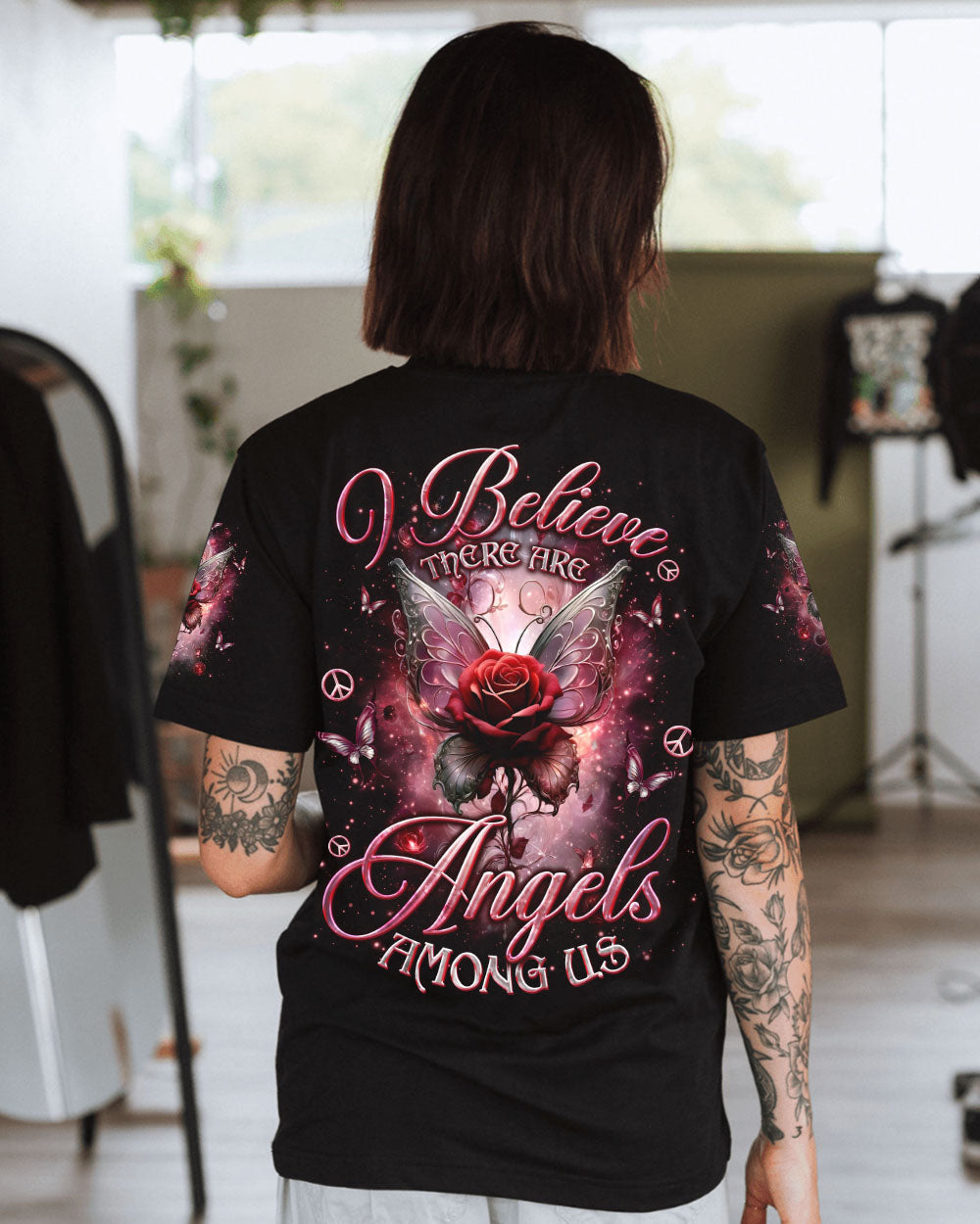 I Believe There Are Angels Among Us Rose and Butterfly Memorial AOP Shirts _10_ rzZZg