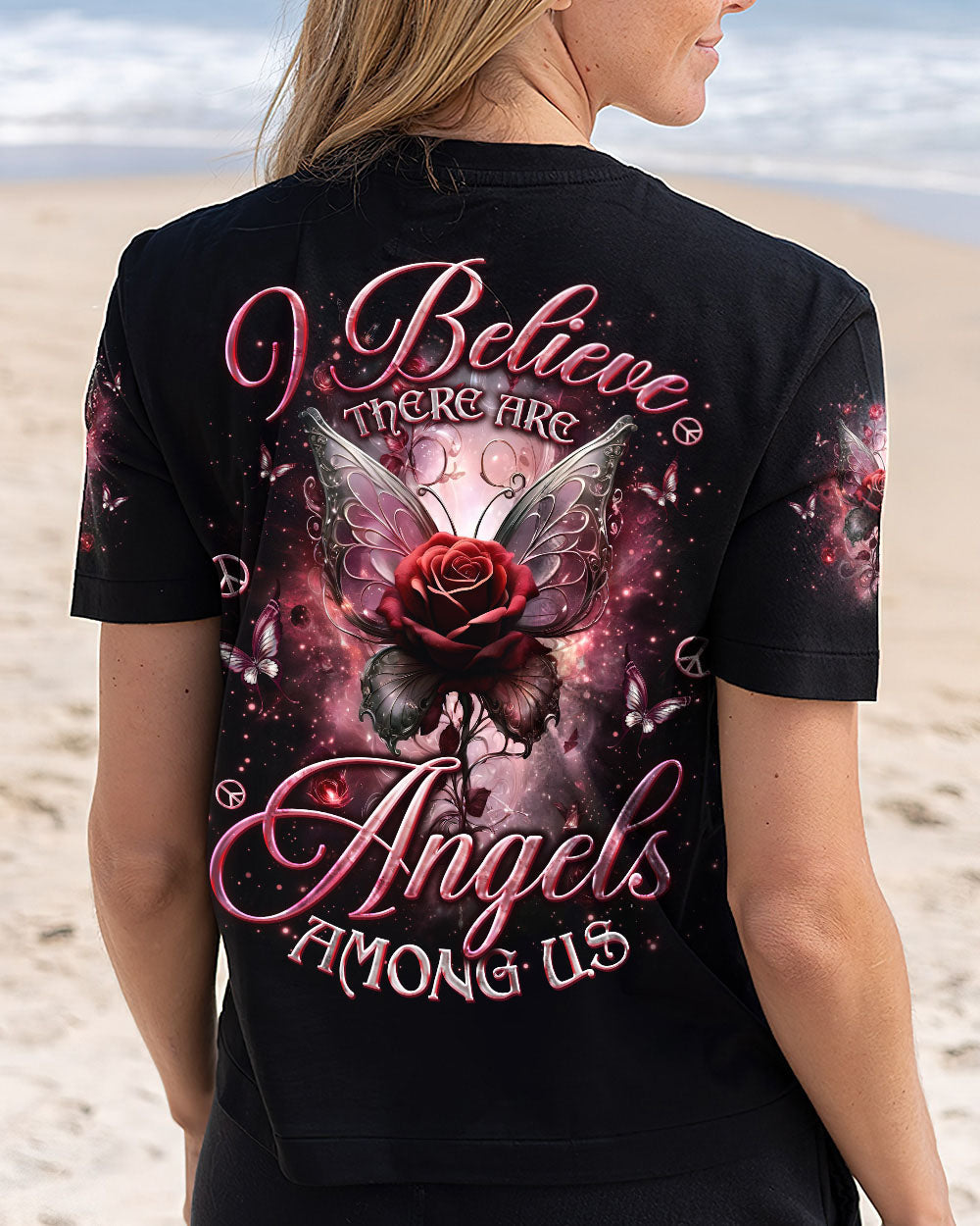 I Believe There Are Angels Among Us Rose and Butterfly Memorial AOP Shirts _12_ xrcFE