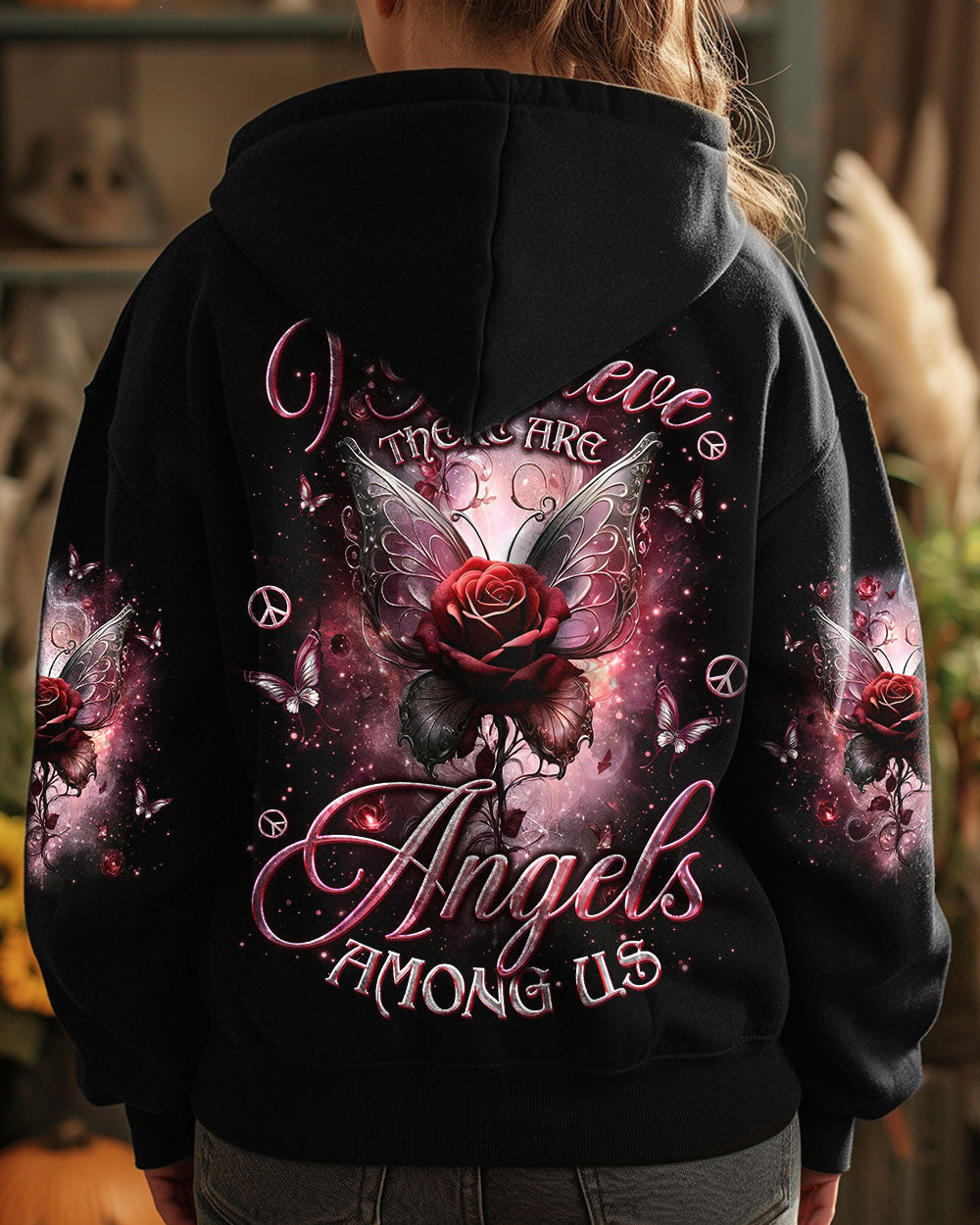 I Believe There Are Angels Among Us Rose and Butterfly Memorial AOP Shirts _8_ TLw6e