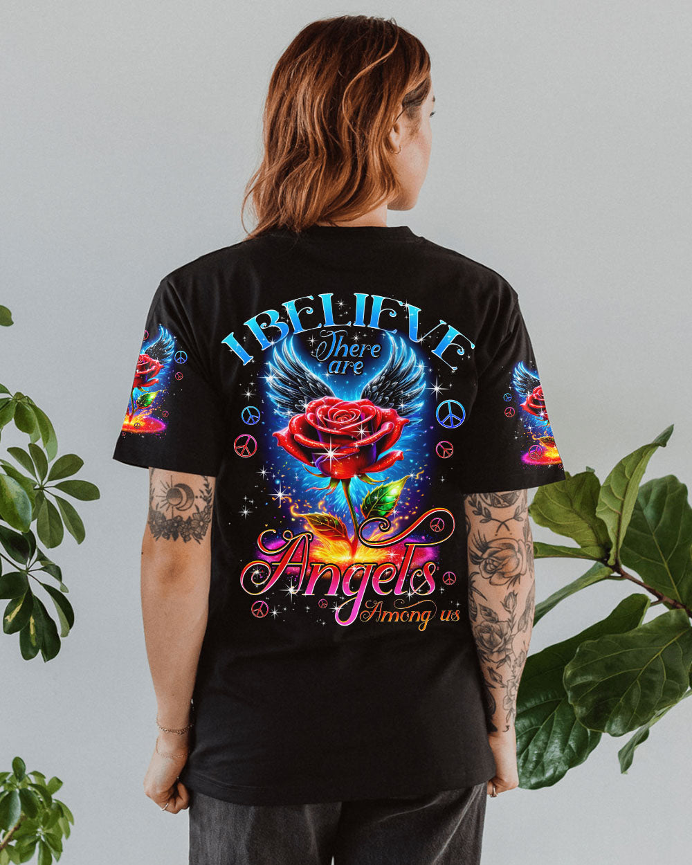 I Believe There Are Angels Among Us Rose with Blue Wings Inspirational Graphic AOP Shirts _3_ nz8XD