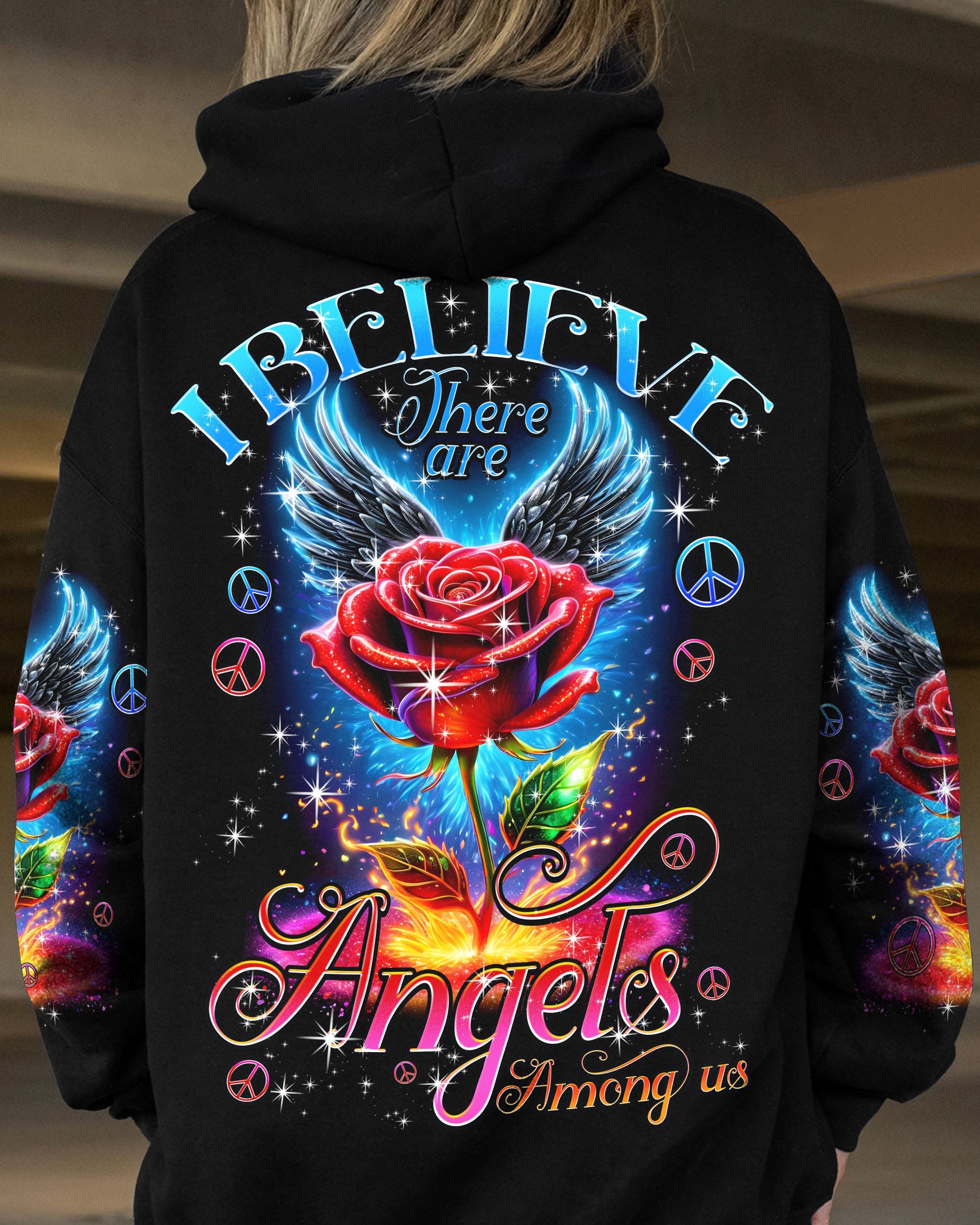 I Believe There Are Angels Among Us Rose with Blue Wings Inspirational Graphic AOP Shirts _7_ usQP0