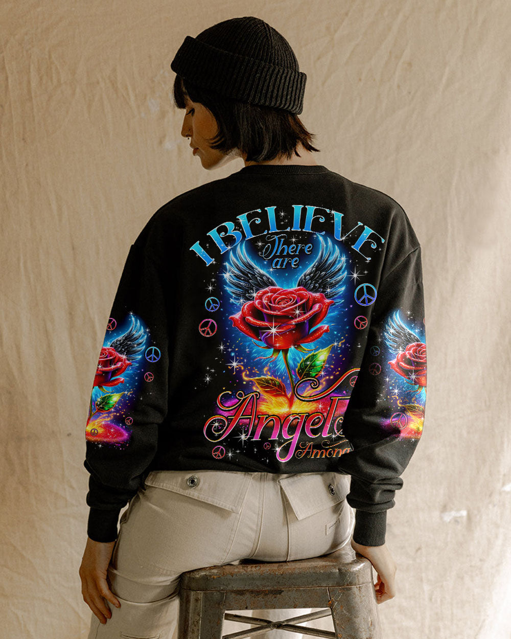 I Believe There Are Angels Among Us Rose with Blue Wings Inspirational Graphic AOP Shirts _9_ qmpYQ