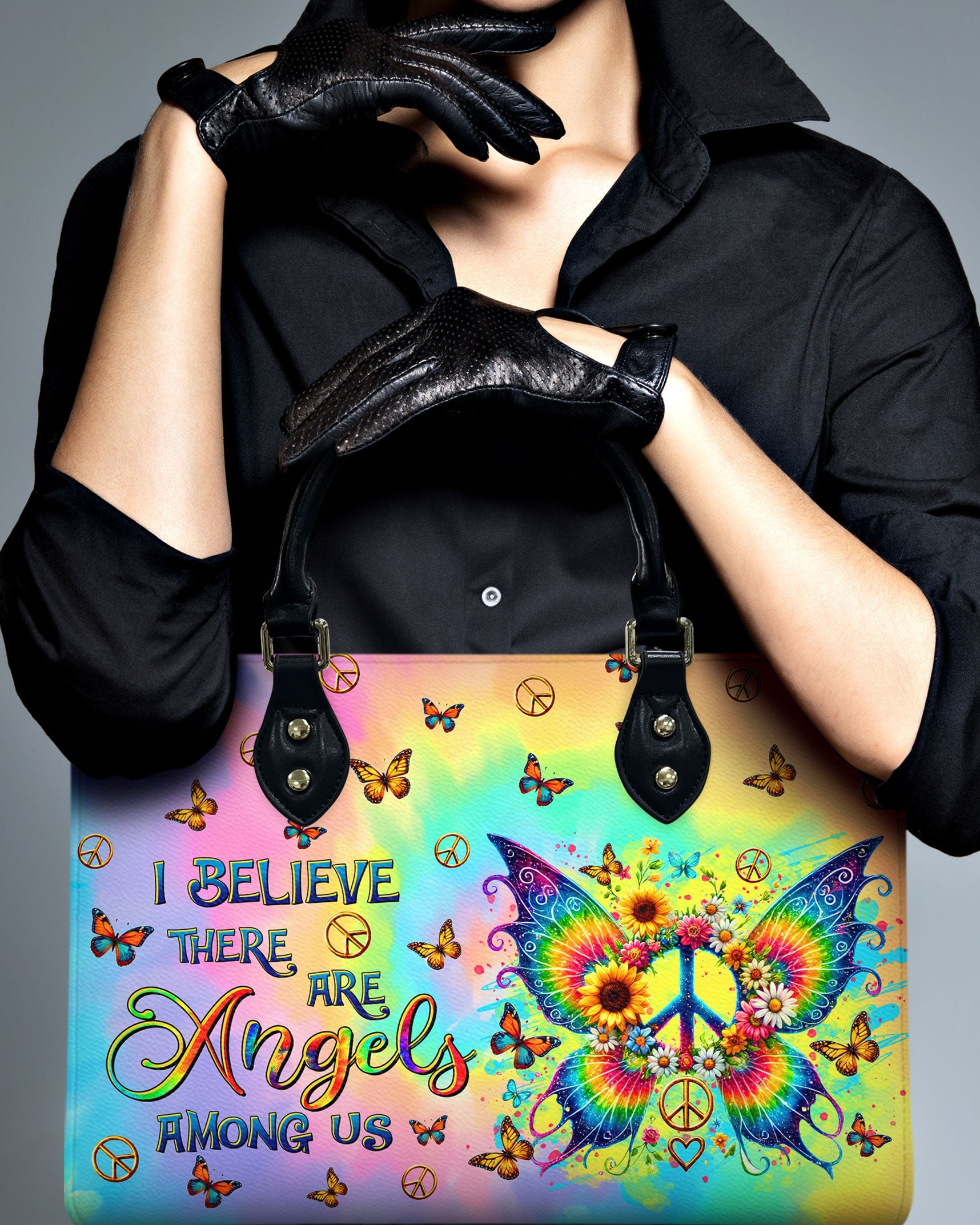 I Believe There Are Angels Among Us Tie Dye Colorful Butterfly Peace Sign Hippie Leather Bag _11_ w1W4v