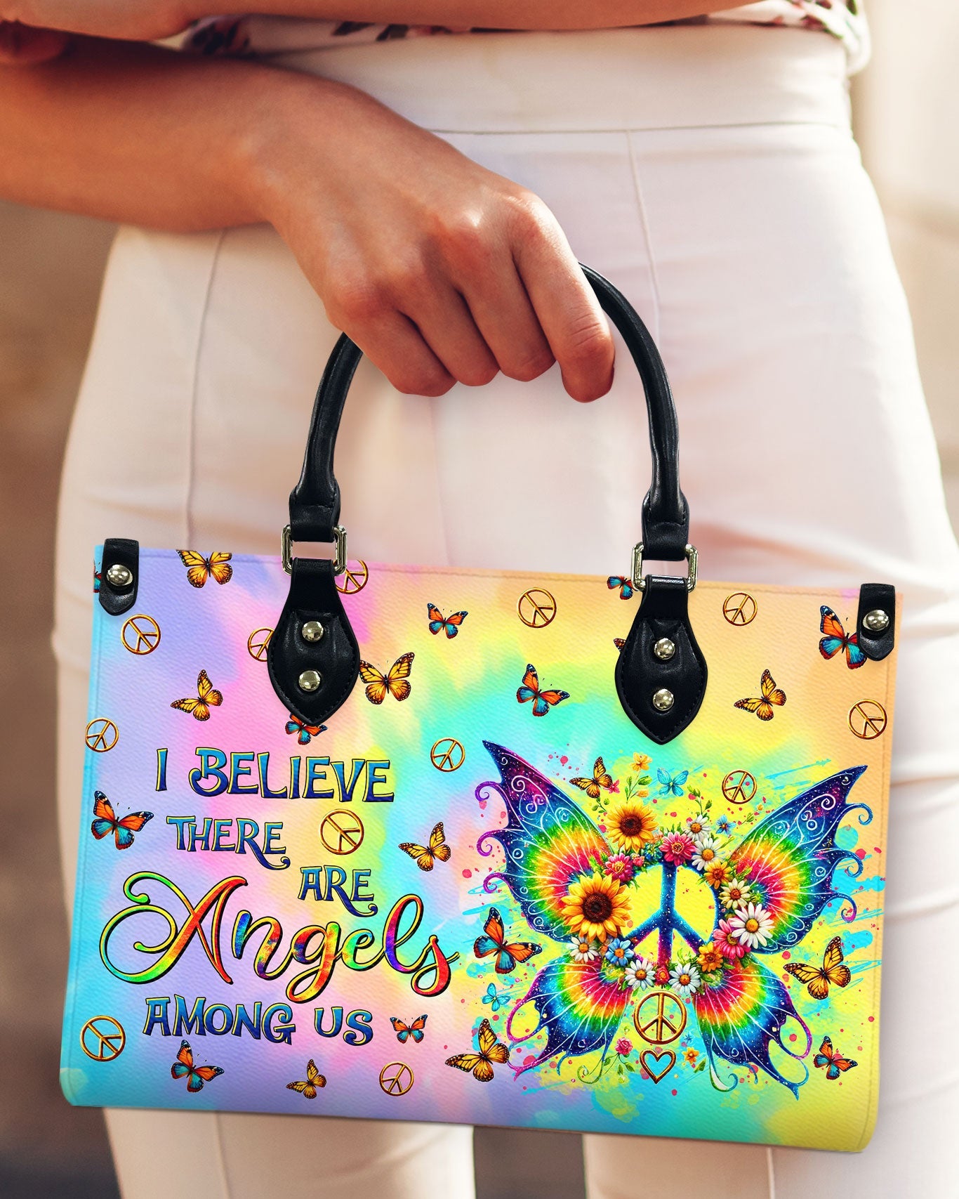 I Believe There Are Angels Among Us Tie Dye Colorful Butterfly Peace Sign Hippie Leather Bag _12_ 6zrEK