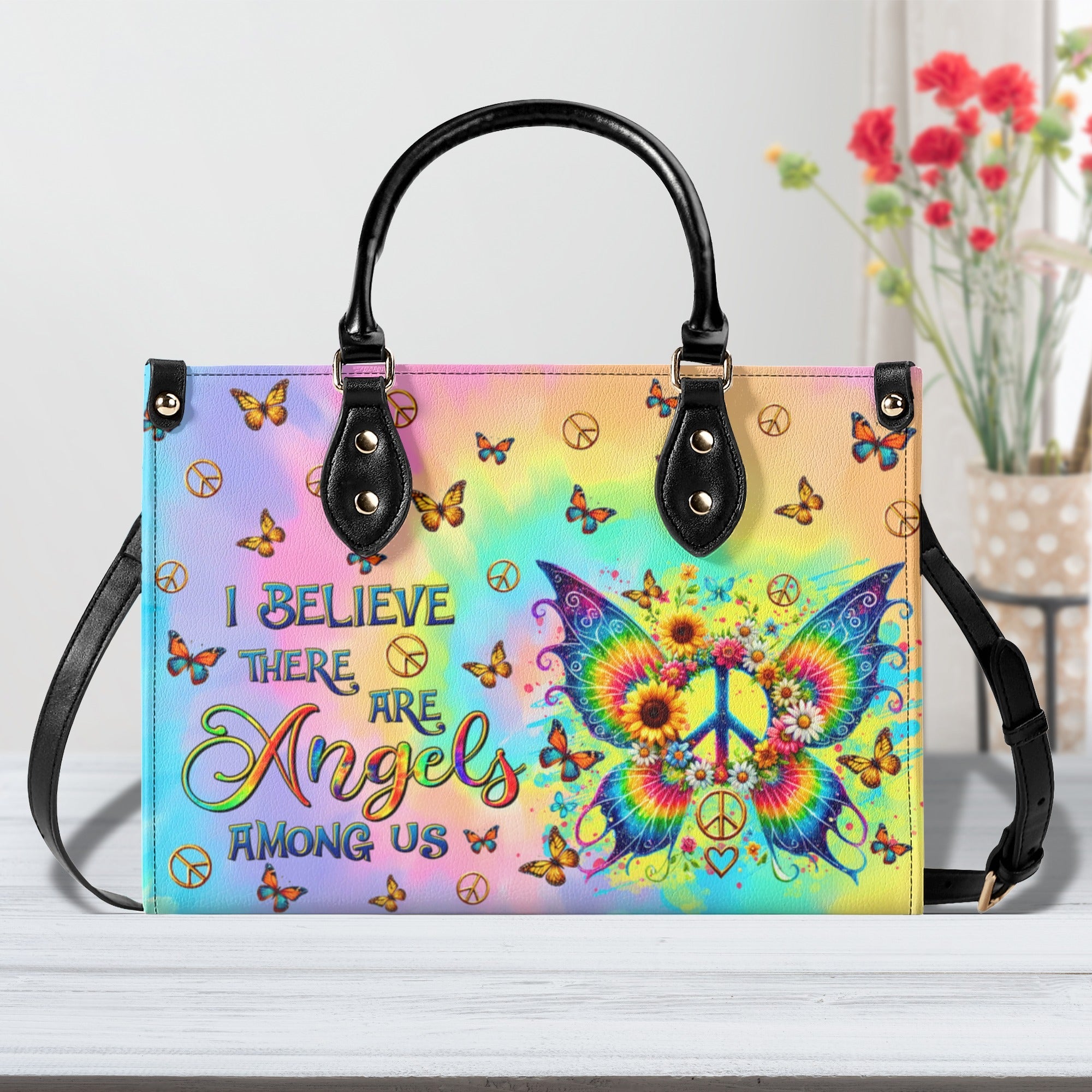 I Believe There Are Angels Among Us Tie Dye Colorful Butterfly Peace Sign Hippie Leather Bag _2_ WrPPw
