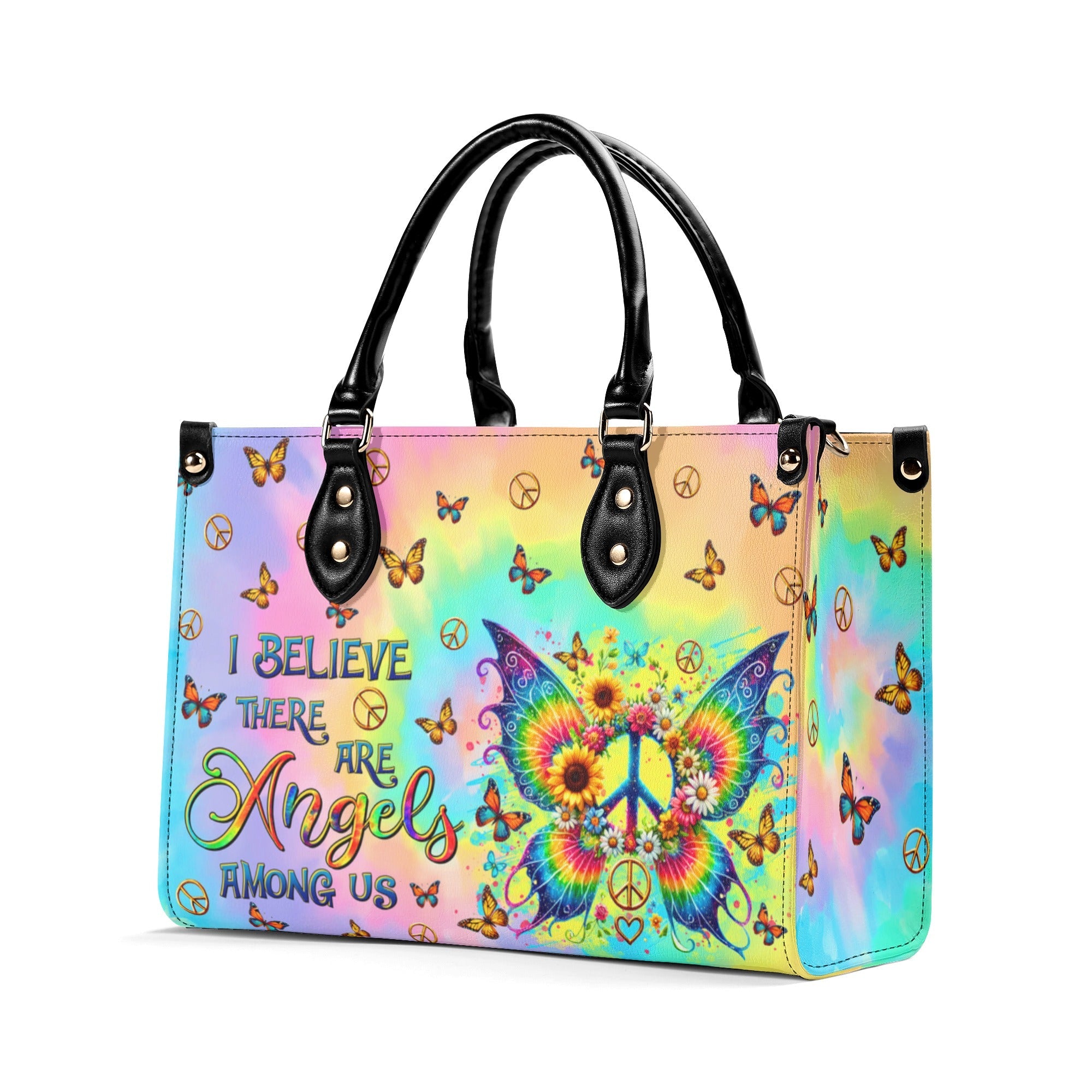 I Believe There Are Angels Among Us Tie Dye Colorful Butterfly Peace Sign Hippie Leather Bag _6_ oPR2L