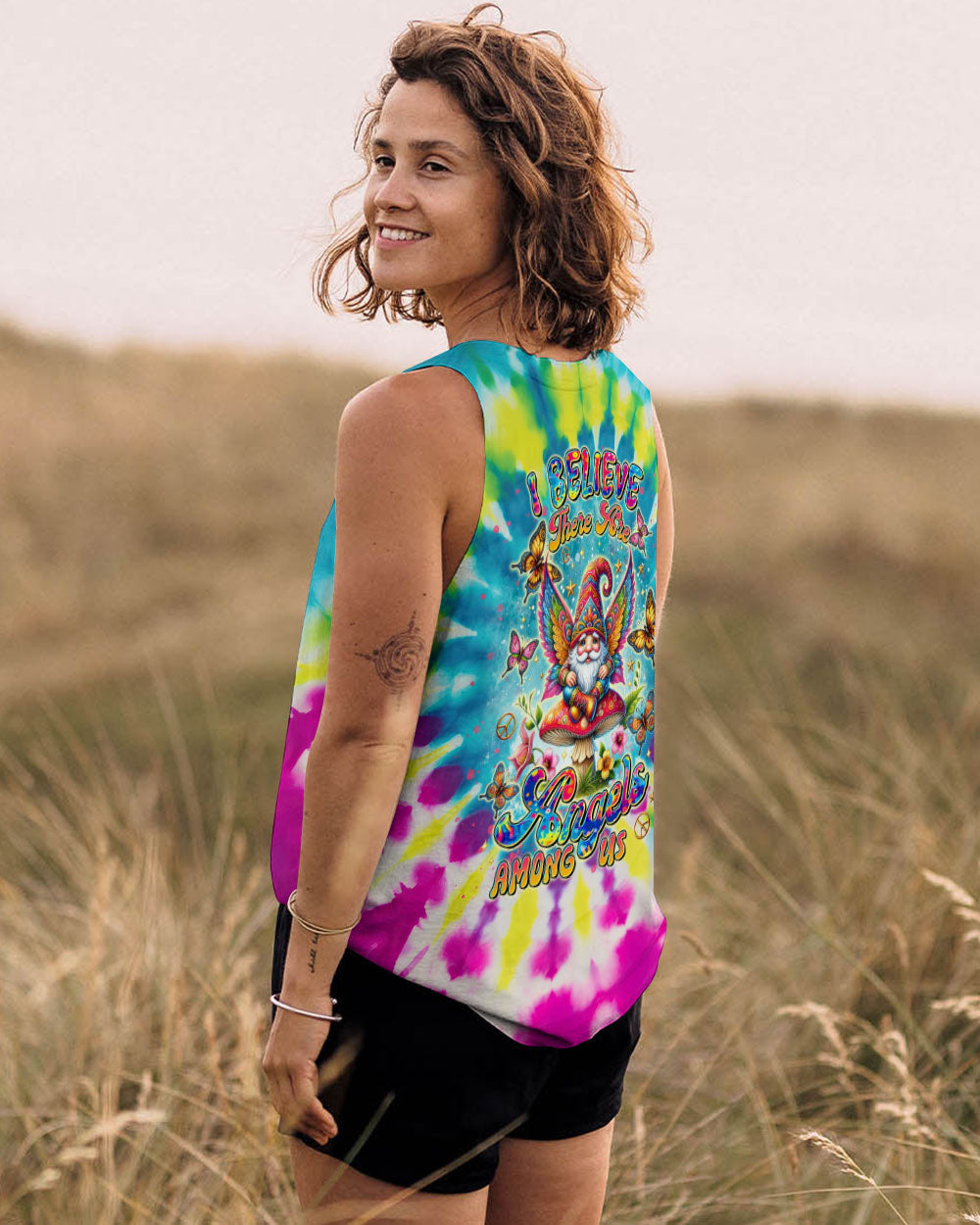 I Believe There Are Angels Among Us Tie Dye Gnome Peace Sign AOP Shirts _11_ GTUnK