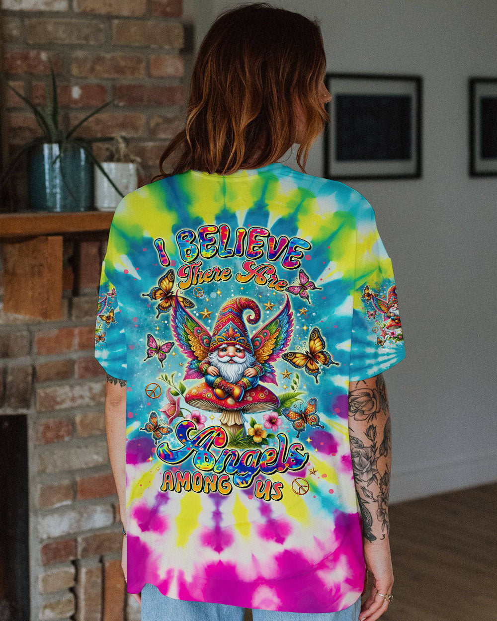 I Believe There Are Angels Among Us Tie Dye Gnome Peace Sign AOP Shirts _1_ CZmaA