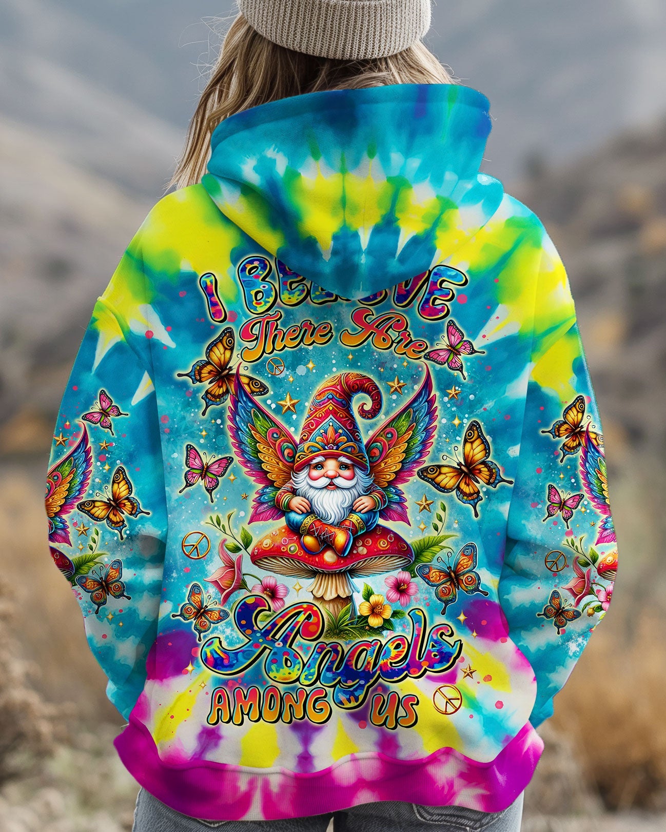 I Believe There Are Angels Among Us Tie Dye Gnome Peace Sign AOP Shirts _5_ rLdzp