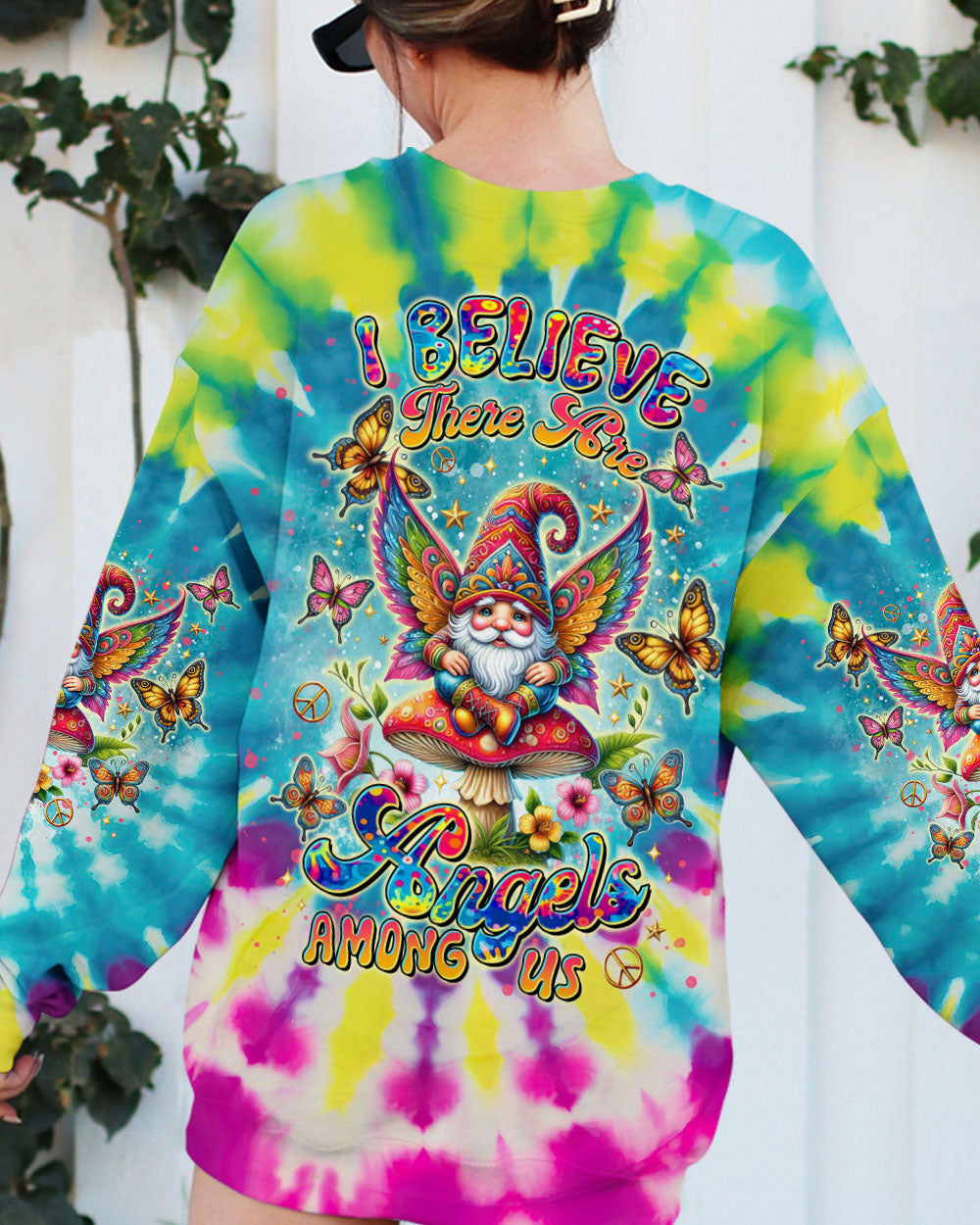 I Believe There Are Angels Among Us Tie Dye Gnome Peace Sign AOP Shirts _7_ TELWR