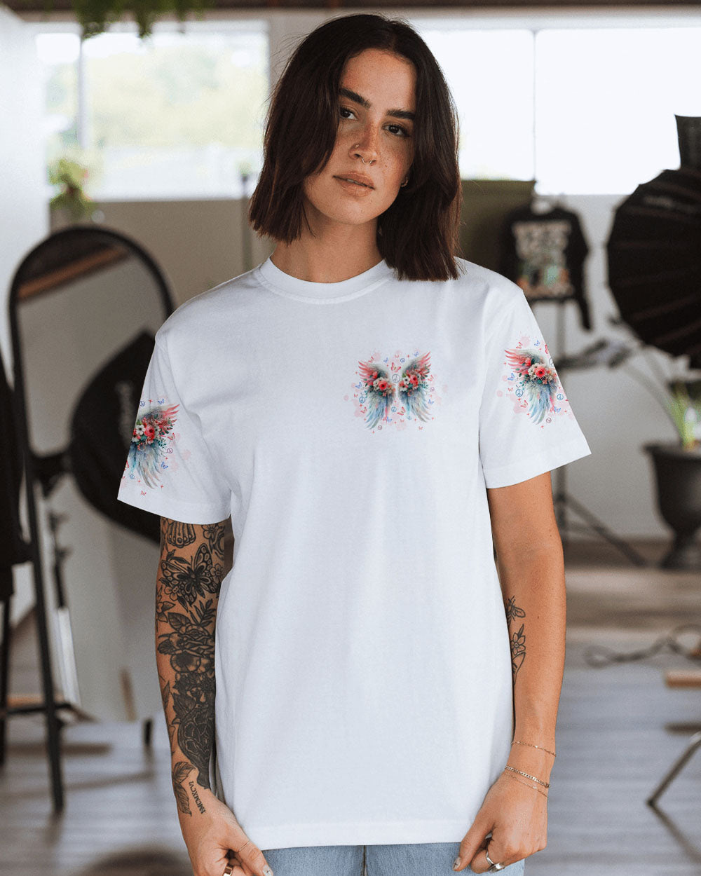 I Believe There Are Angels Among Us Watercolor Floral Wings Peace AOP Shirts _13_ uaWyw
