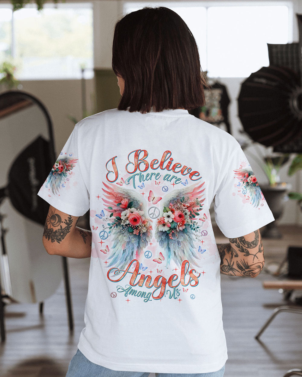 I Believe There Are Angels Among Us Watercolor Floral Wings Peace AOP Shirts _1_ pCKJS
