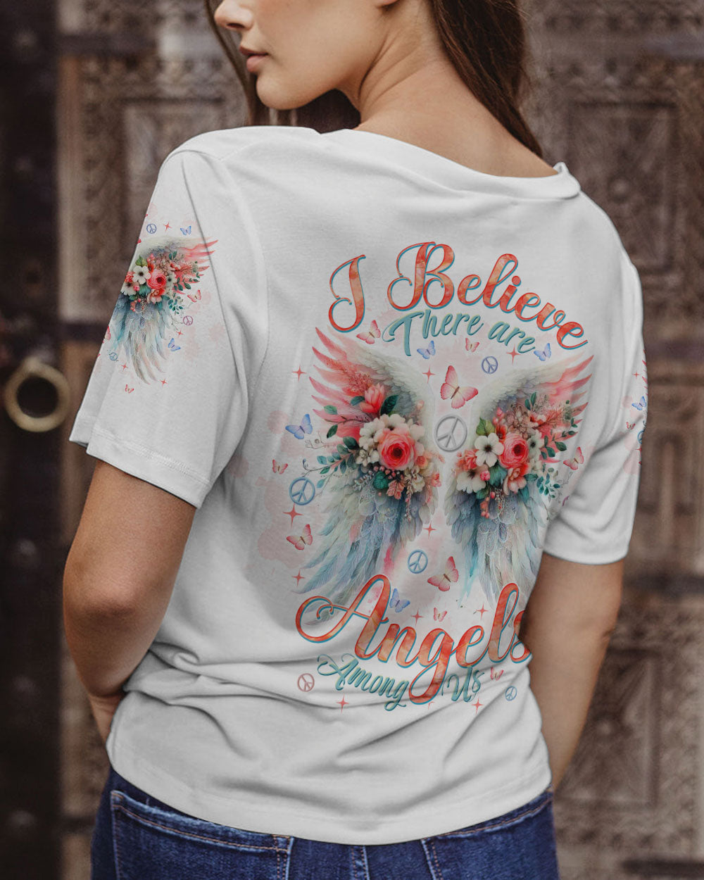 I Believe There Are Angels Among Us Watercolor Floral Wings Peace AOP Shirts _3_ f47pI