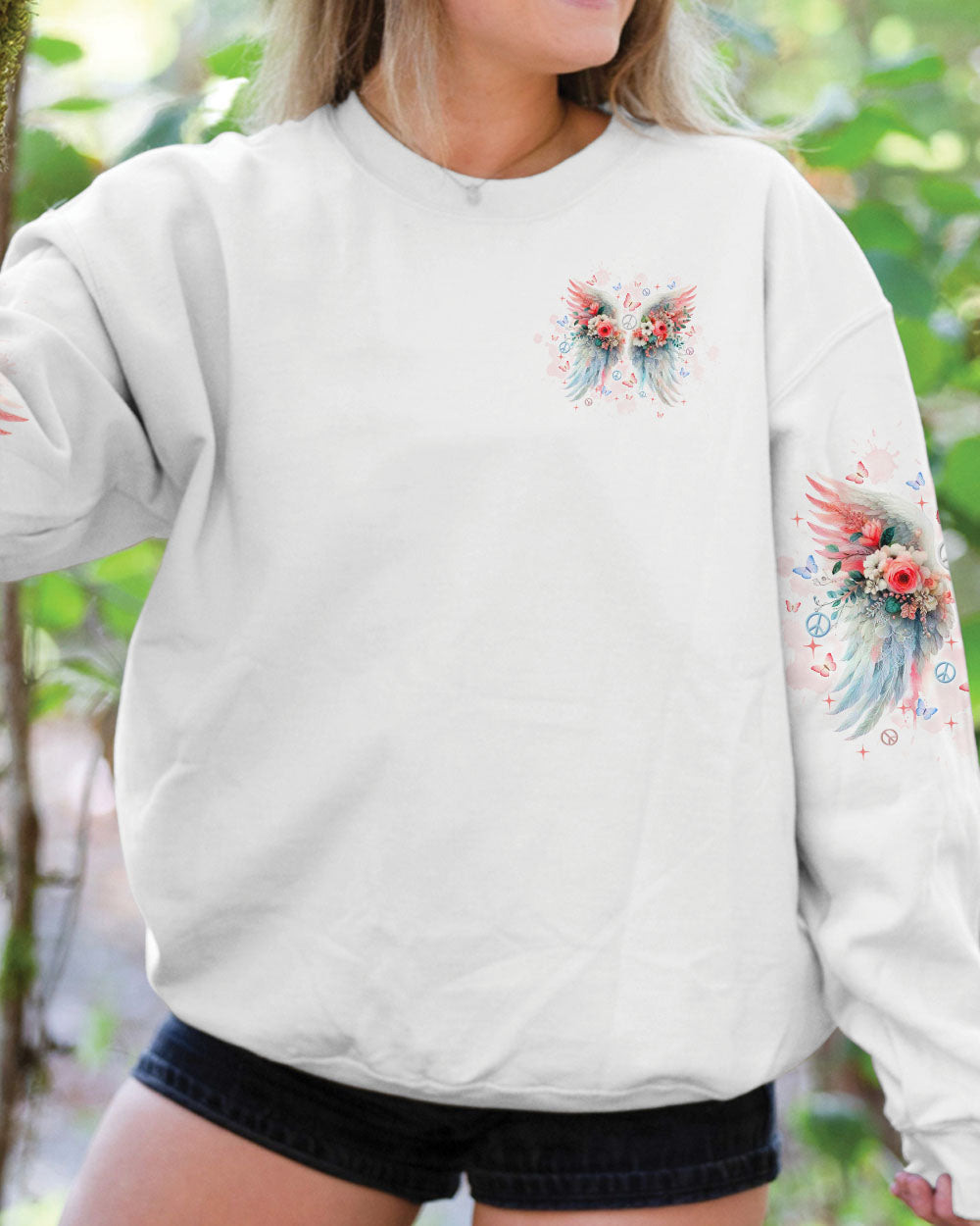 I Believe There Are Angels Among Us Watercolor Floral Wings Peace AOP Shirts _6_ vTMEY