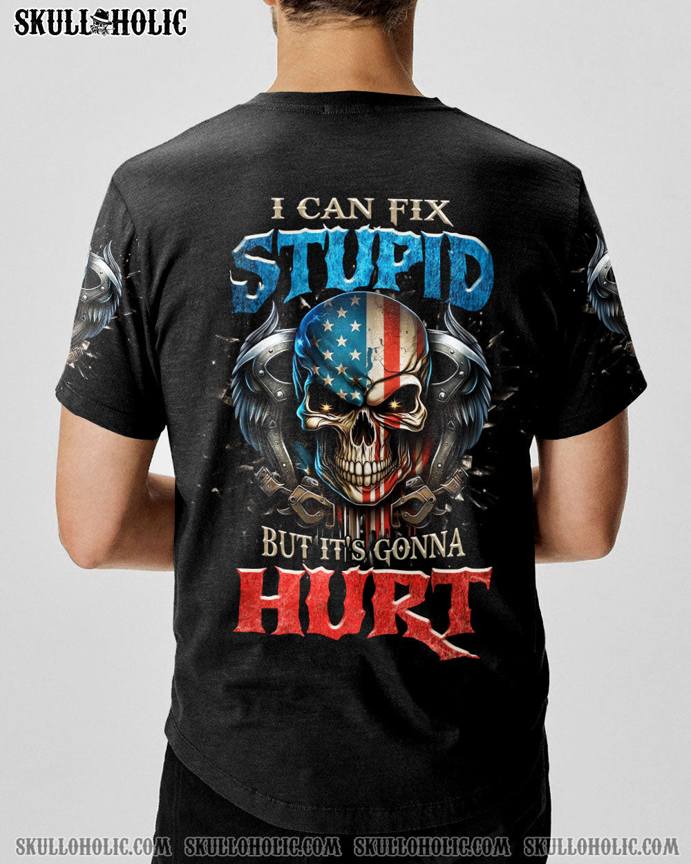 I Can Fix Stupid But Its Gonna Hurt Patriotic Skull USA Flag Funny Mechanic AOP Shirts _11_ jrKY7