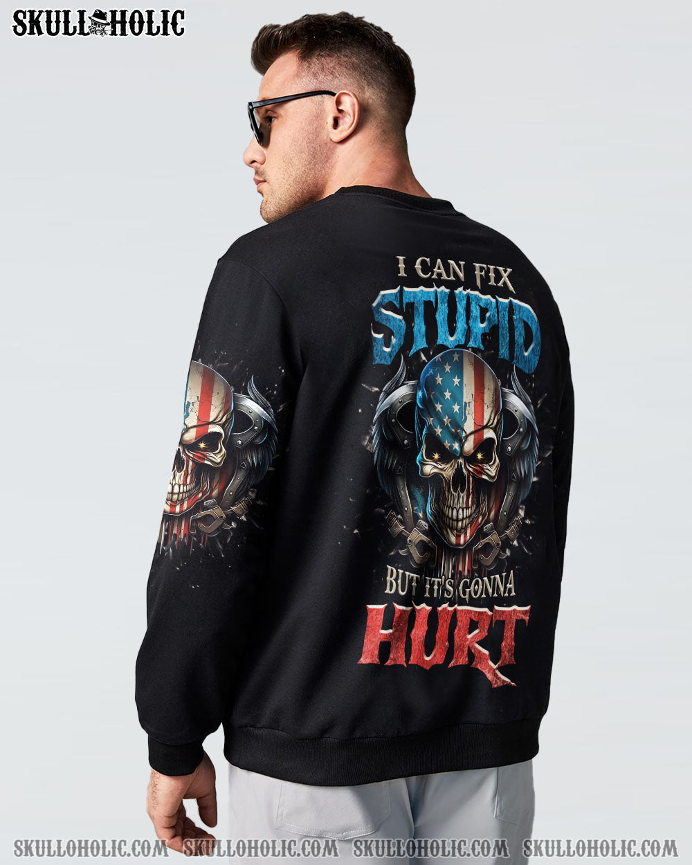 I Can Fix Stupid But Its Gonna Hurt Patriotic Skull USA Flag Funny Mechanic AOP Shirts _15_ kBLJB