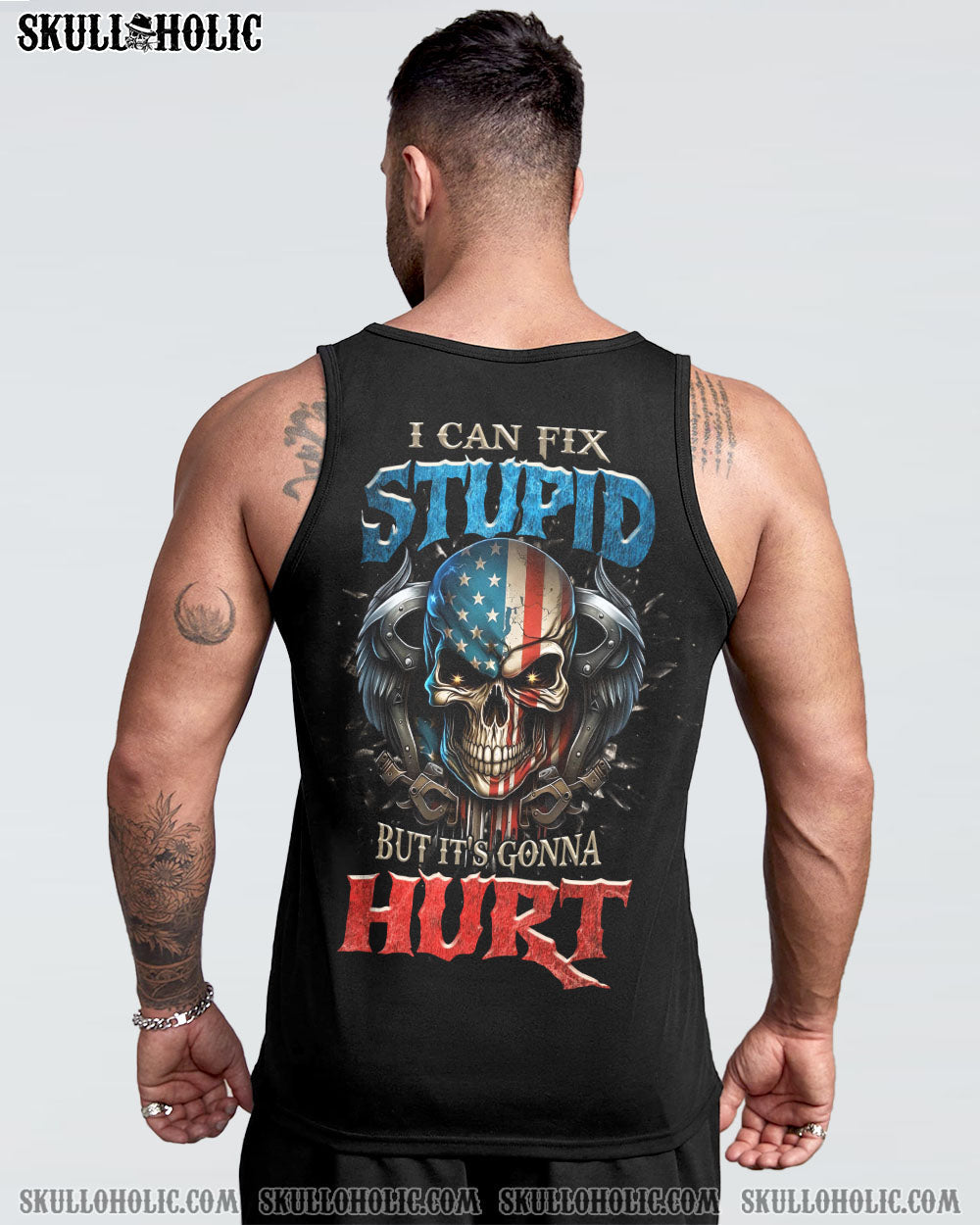 I Can Fix Stupid But Its Gonna Hurt Patriotic Skull USA Flag Funny Mechanic AOP Shirts _19_ zB4NX