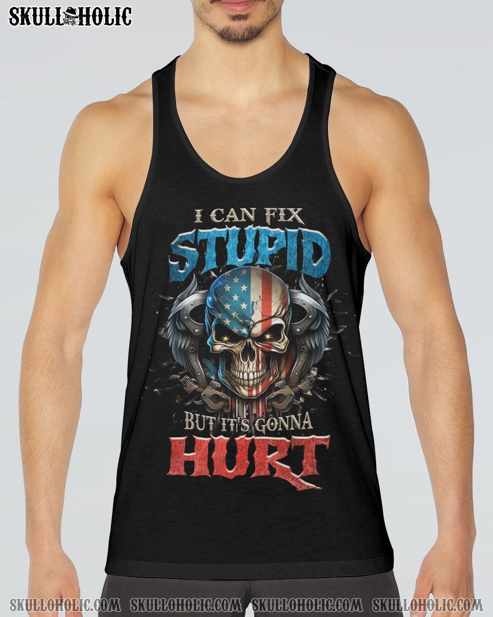 I Can Fix Stupid But Its Gonna Hurt Patriotic Skull USA Flag Funny Mechanic AOP Shirts _20_ bMgFq