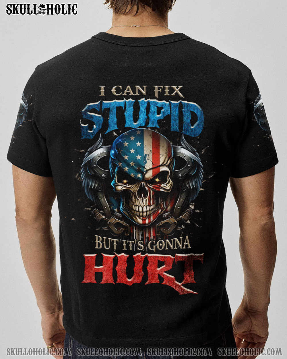 I Can Fix Stupid But Its Gonna Hurt Patriotic Skull USA Flag Funny Mechanic AOP Shirts _2_ CvXuM
