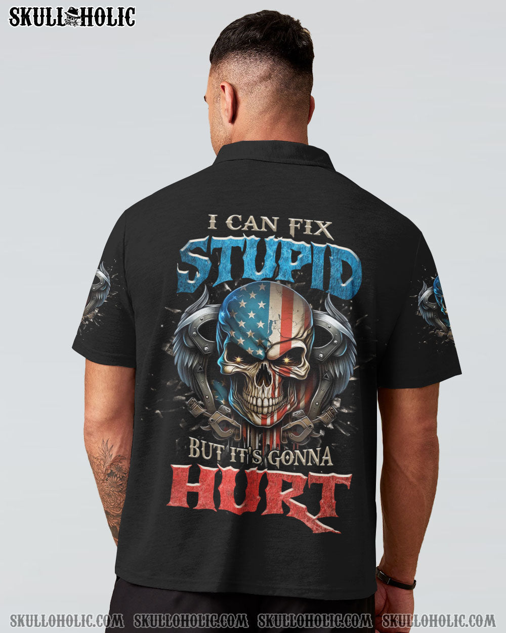 I Can Fix Stupid But Its Gonna Hurt Patriotic Skull USA Flag Funny Mechanic AOP Shirts _7_ 6ejBx