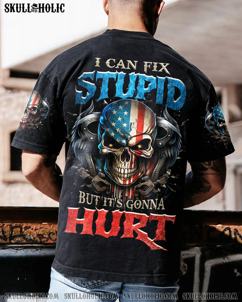 I Can Fix Stupid But Its Gonna Hurt Patriotic Skull USA Flag Funny Mechanic AOP Shirts _9_ ahrJC