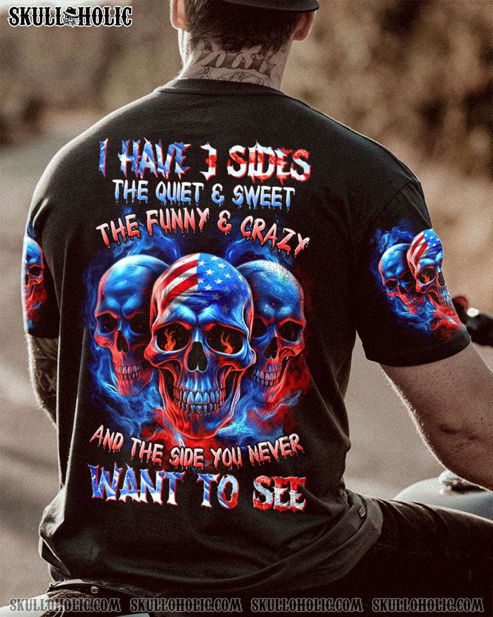 I Have 3 Sides Patriotic American Flag Skull Funny Crazy Graphic AOP Shirts _11_ lxUDz