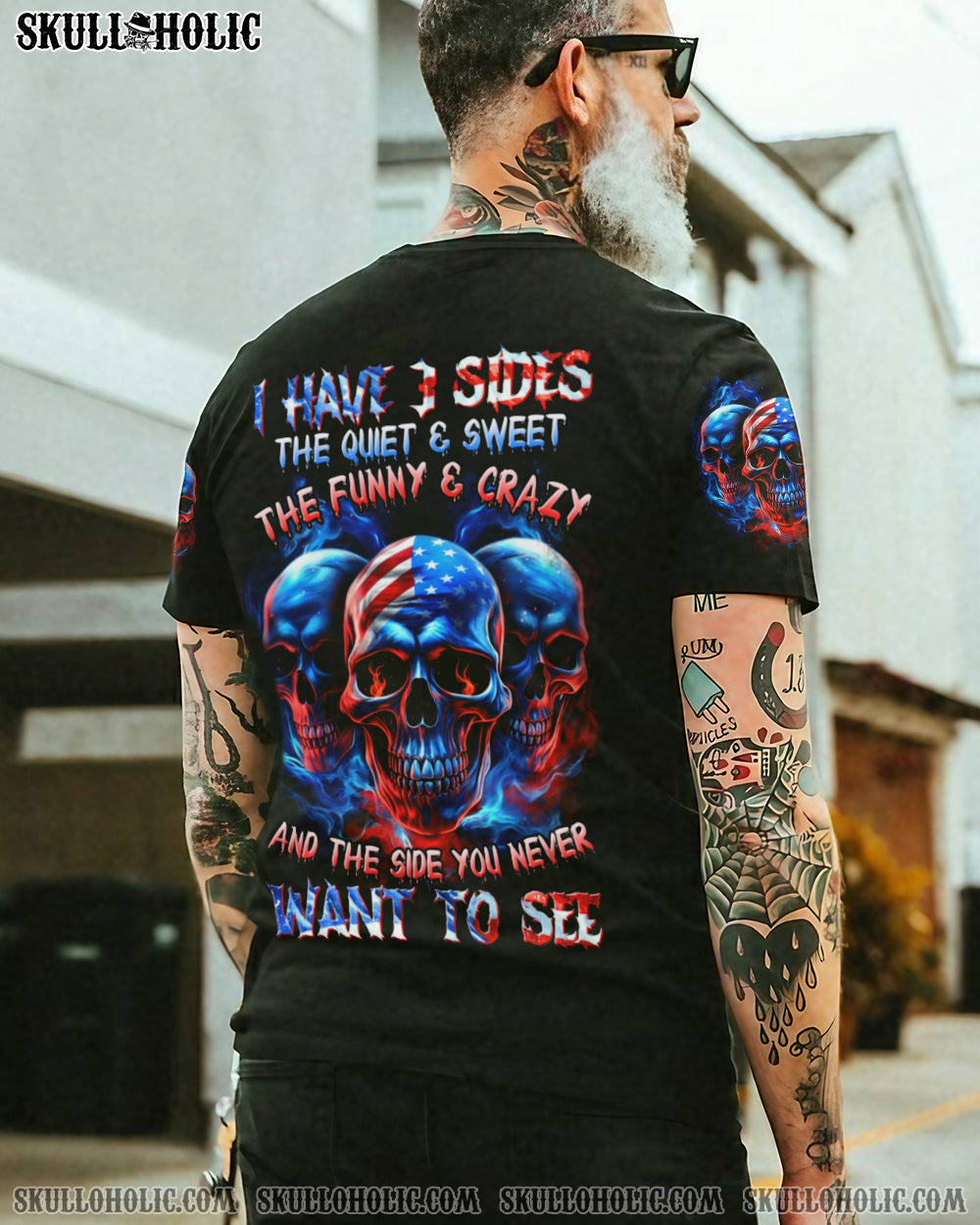 I Have 3 Sides Patriotic American Flag Skull Funny Crazy Graphic AOP Shirts _9_ j3Wo9