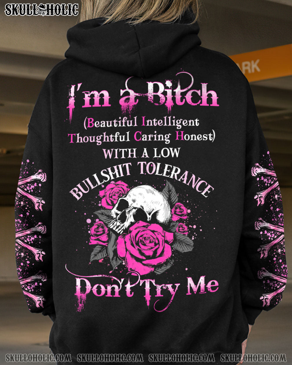 I_E2_80_99m a BITCH Don_E2_80_99t Try Me Funny Pink Skull and Rose Badass Attitude AOP Shirts _1_ I2Q38