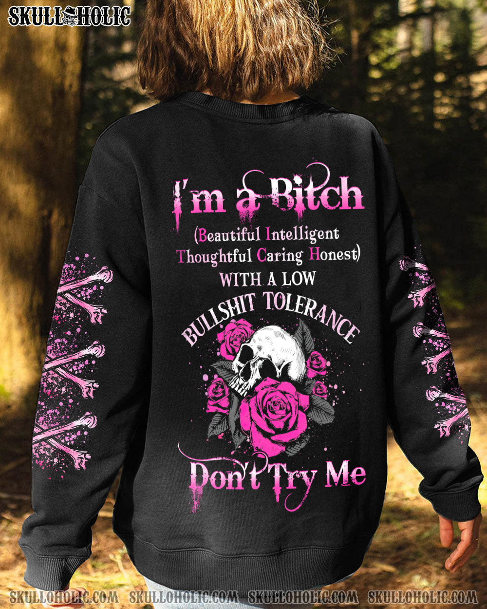I_E2_80_99m a BITCH Don_E2_80_99t Try Me Funny Pink Skull and Rose Badass Attitude AOP Shirts _3_ GC5LI