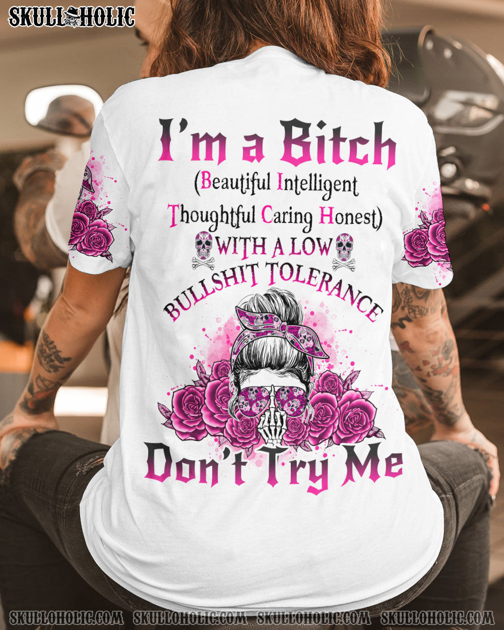 I_E2_80_99m a BITCH Don_E2_80_99t Try Me Funny Pink Skull and Rose Graphic Tee for Women AOP Shirts _10_ 9YqnZ