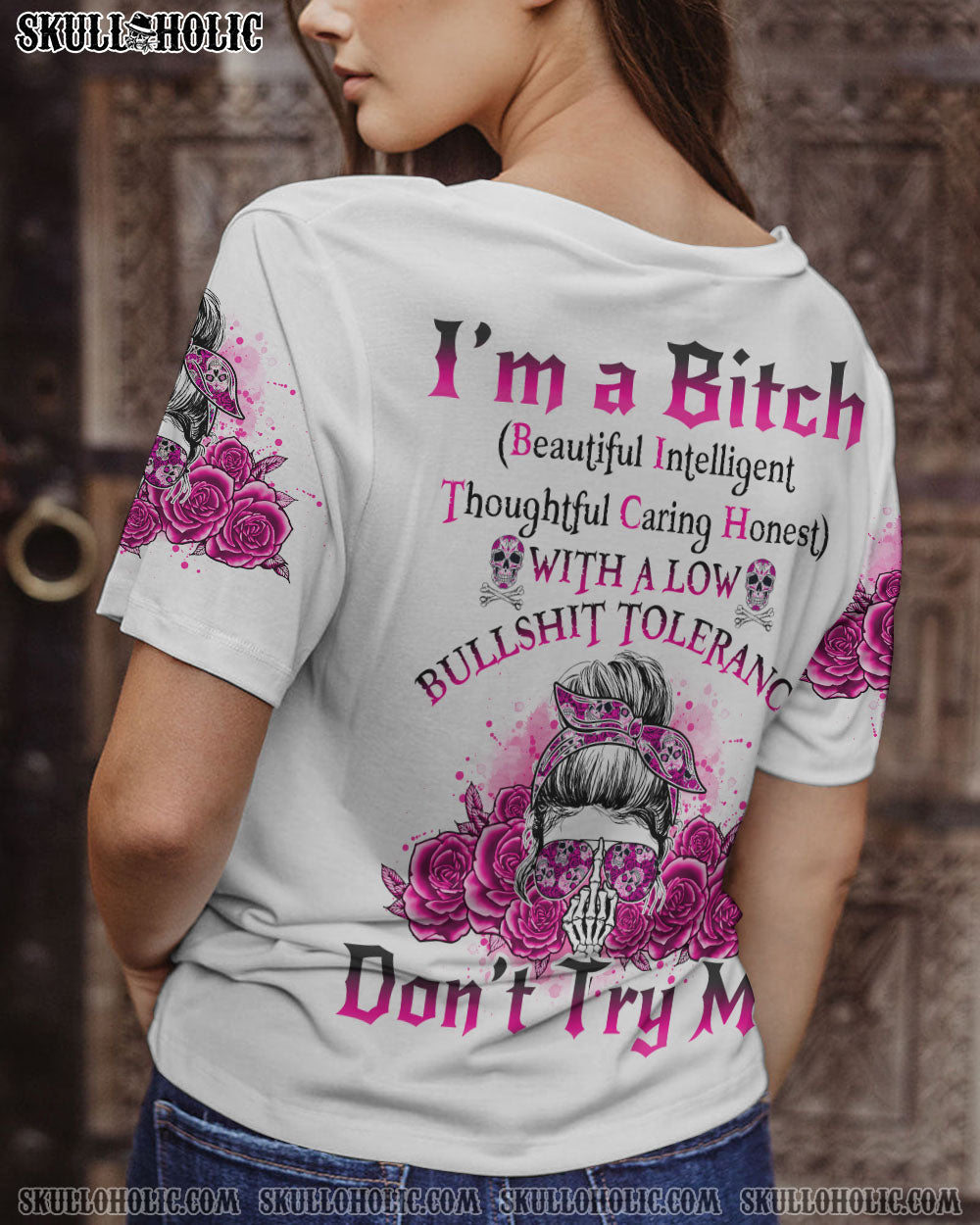 I_E2_80_99m a BITCH Don_E2_80_99t Try Me Funny Pink Skull and Rose Graphic Tee for Women AOP Shirts _12_ lx5Z8