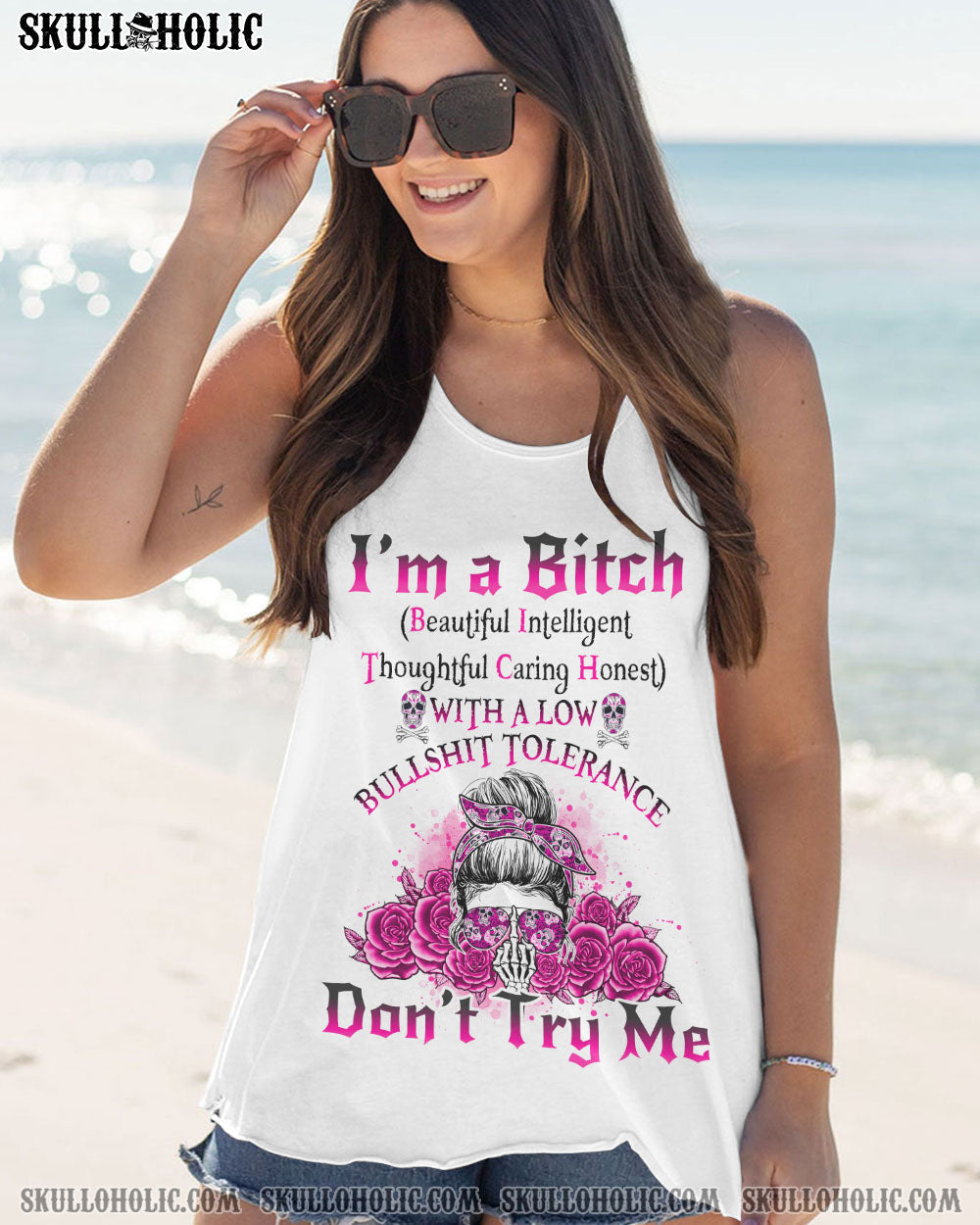 I_E2_80_99m a BITCH Don_E2_80_99t Try Me Funny Pink Skull and Rose Graphic Tee for Women AOP Shirts _13_ epQ88