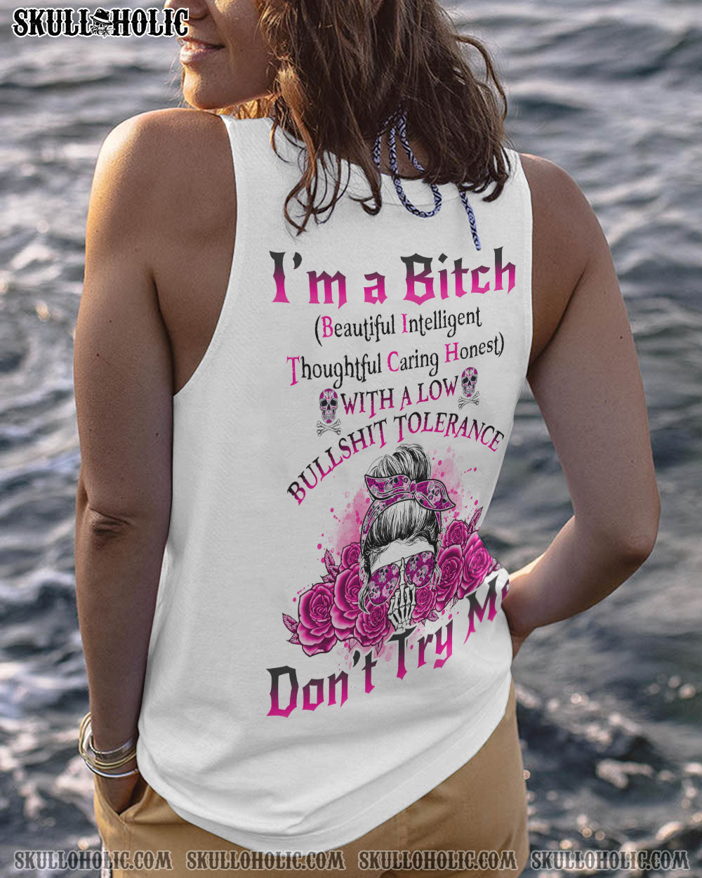 I_E2_80_99m a BITCH Don_E2_80_99t Try Me Funny Pink Skull and Rose Graphic Tee for Women AOP Shirts _15_ mPjdt