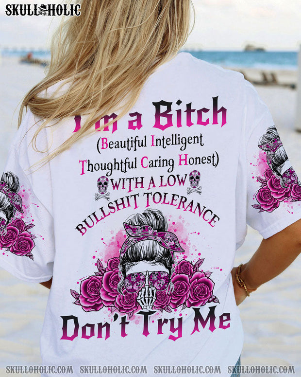 I'm a B Don't Try Me - Funny Pink Skull and Rose Graphic Tee for Women - AOP Shirts