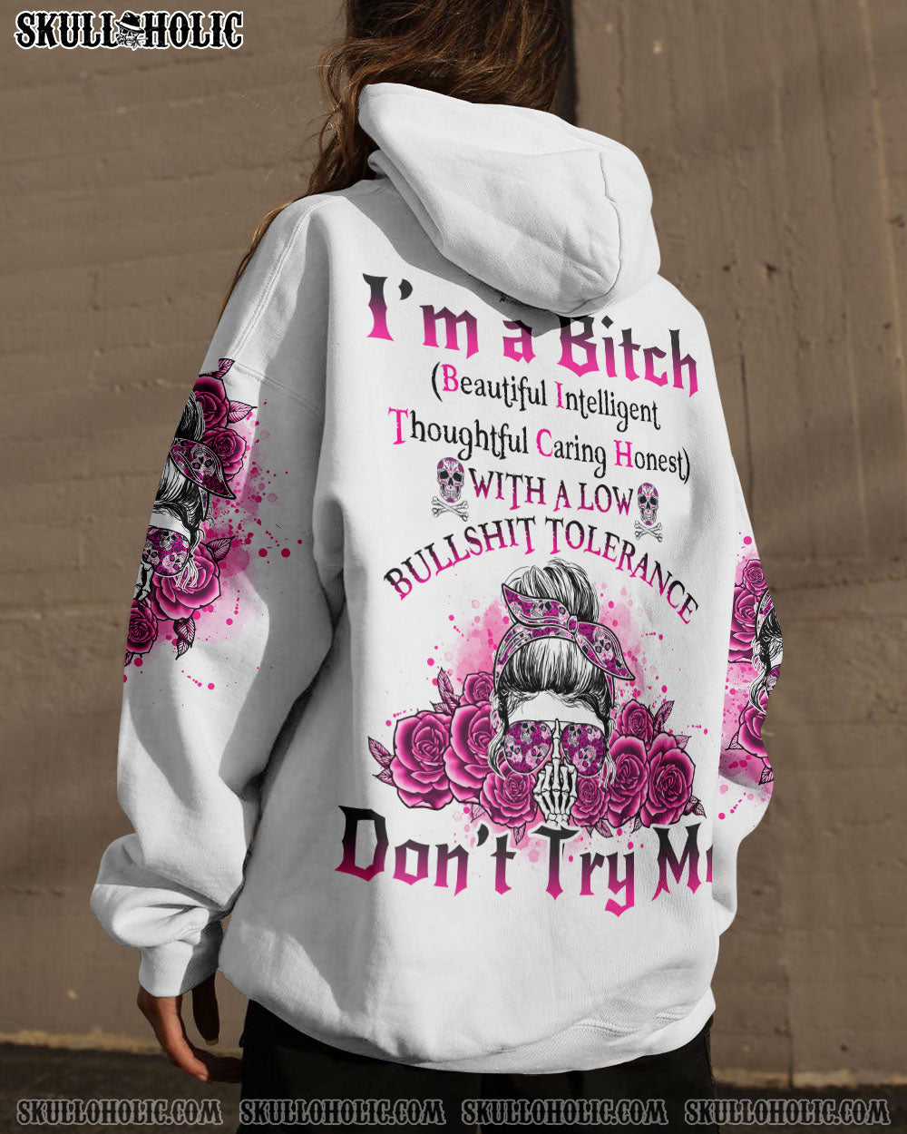 I_E2_80_99m a BITCH Don_E2_80_99t Try Me Funny Pink Skull and Rose Graphic Tee for Women AOP Shirts _5_ GB8AD