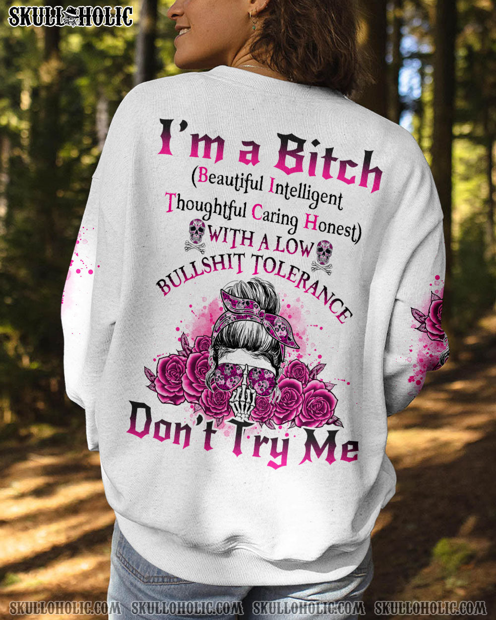 I_E2_80_99m a BITCH Don_E2_80_99t Try Me Funny Pink Skull and Rose Graphic Tee for Women AOP Shirts _7_ 1Xpbn