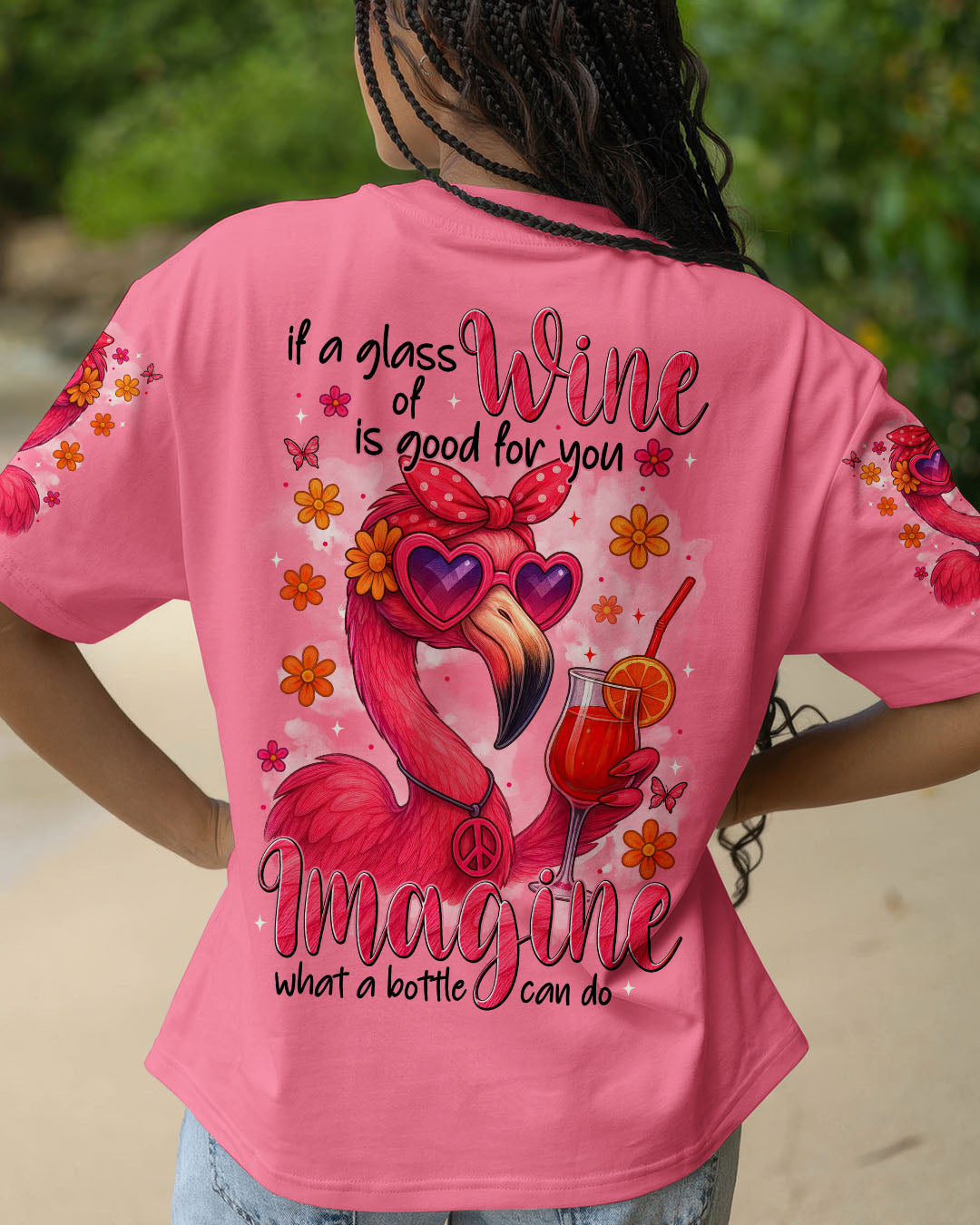 If A Glass of Wine is Good for You Imagine Flamingo Drink Cocktail Design for Women AOP Shirts _1_ xYVY2