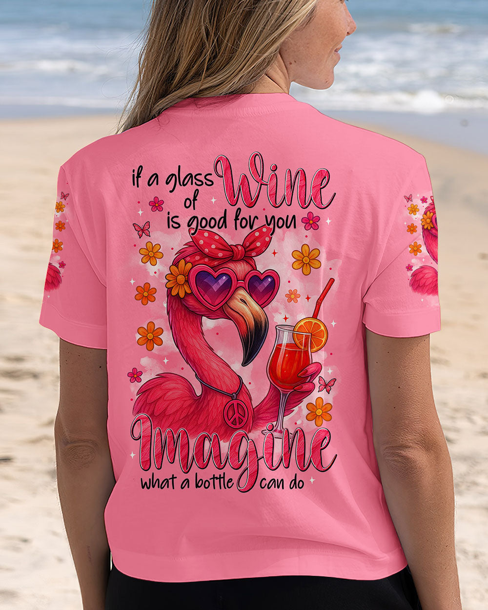 If A Glass of Wine is Good for You Imagine Flamingo Drink Cocktail Design for Women AOP Shirts _5_ jRmPx