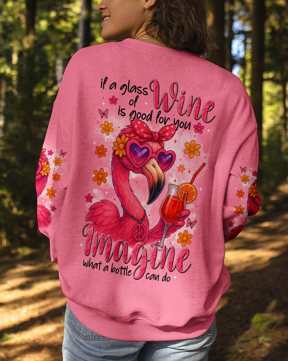If A Glass of Wine is Good for You Imagine Flamingo Drink Cocktail Design for Women AOP Shirts _9_ rVXrC